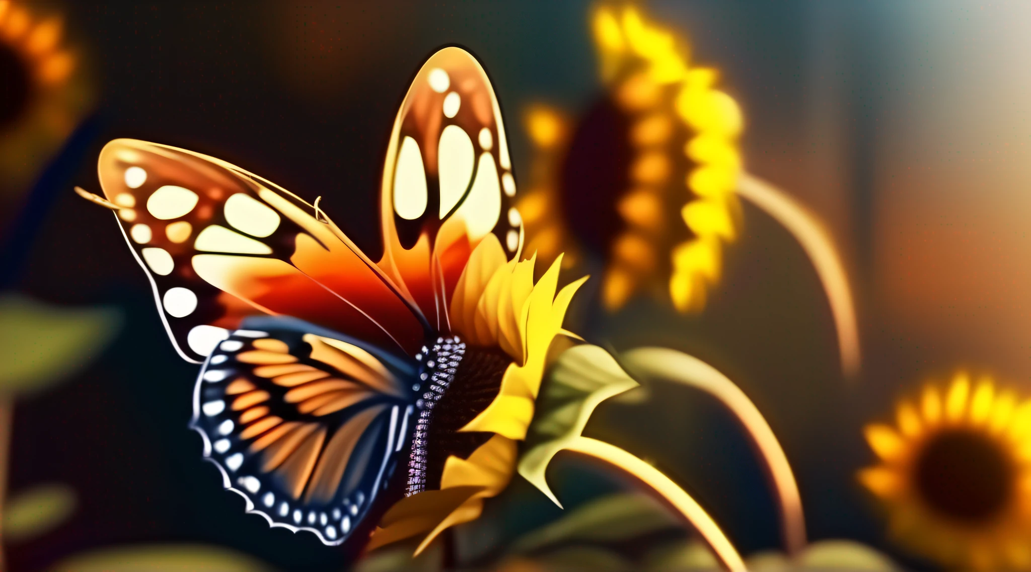 A beautiful and colorful butterfly, sunflower flower, autumn afternoon, light and shadows, 8K, detailed