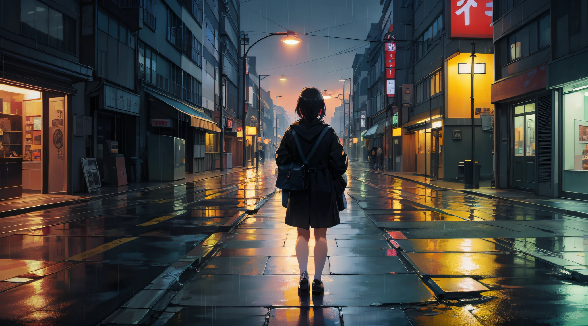 masterpiece,best quality,1girl,solo,looking at viewer,Late night, Tokyo, deserted street, distant view, background, loneliness, rain, street lights, weak light,