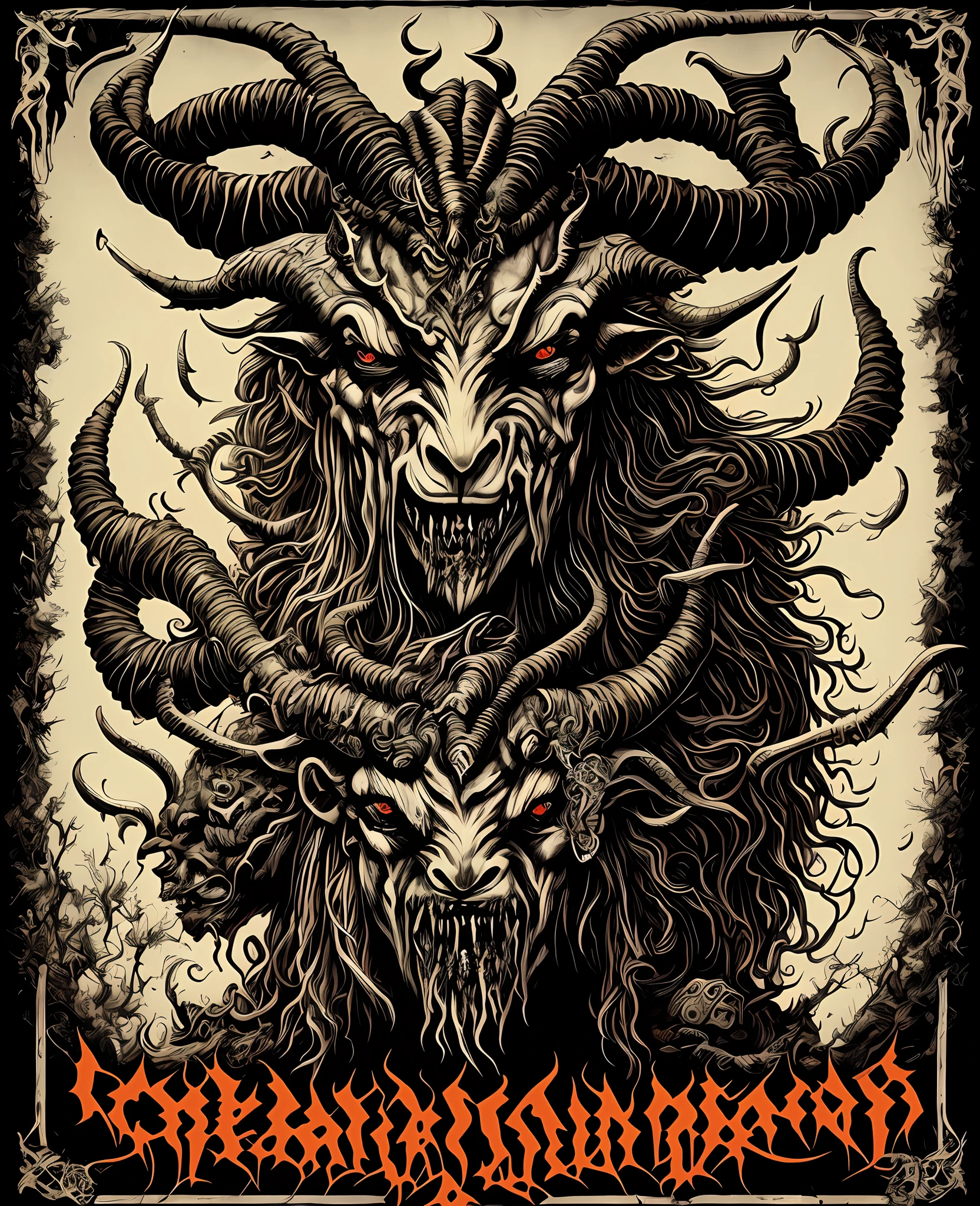 Goat-headed demon with big horns, impaled people and blood dripping from the horns, demon's humanoid body with goat's head, piles of shadowy bodies,horror,Satanism,metal album cover,