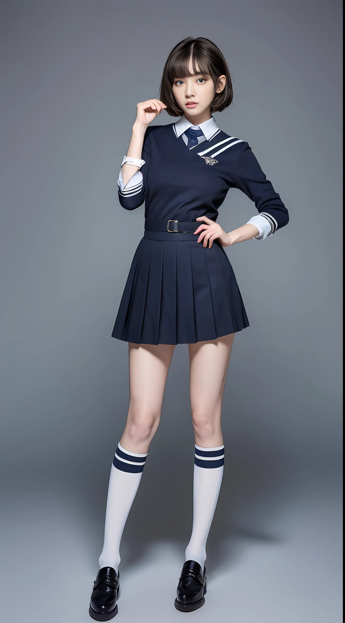 ((Top Quality, 8k, Masterpiece: 1.3)), 1 Girl, (Medium Short Hair, Big: 1.2), Uniform: 1.1, Ultra Detailed Face, Detailed Eyes, Double Eyelids, Pleated Skirt, Knee-High Socks, Full Body, One Girl, Navel, Thin Legs