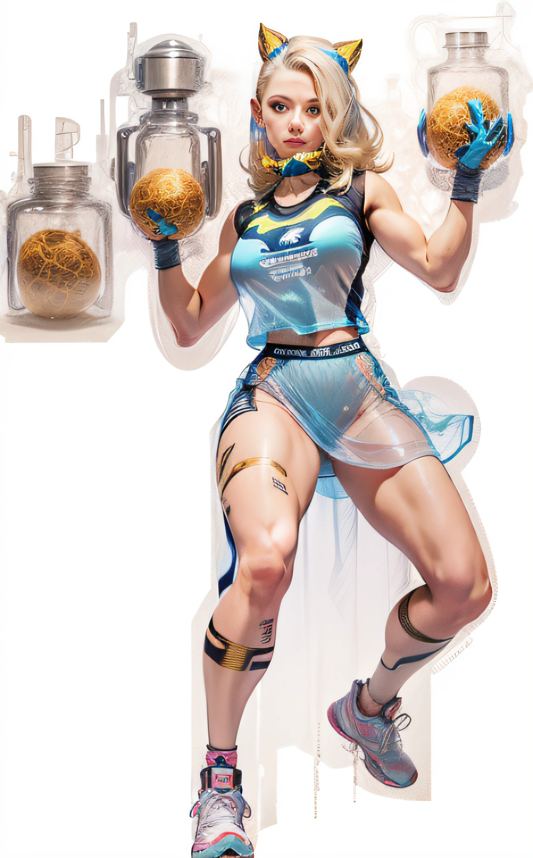 22 year old fitness woman, futuristic glued outfit, transparent skirt, loita, gold colored hair, hands balls of cute blue, 4l 3d, high resolution, ultra detail-oriented --auto