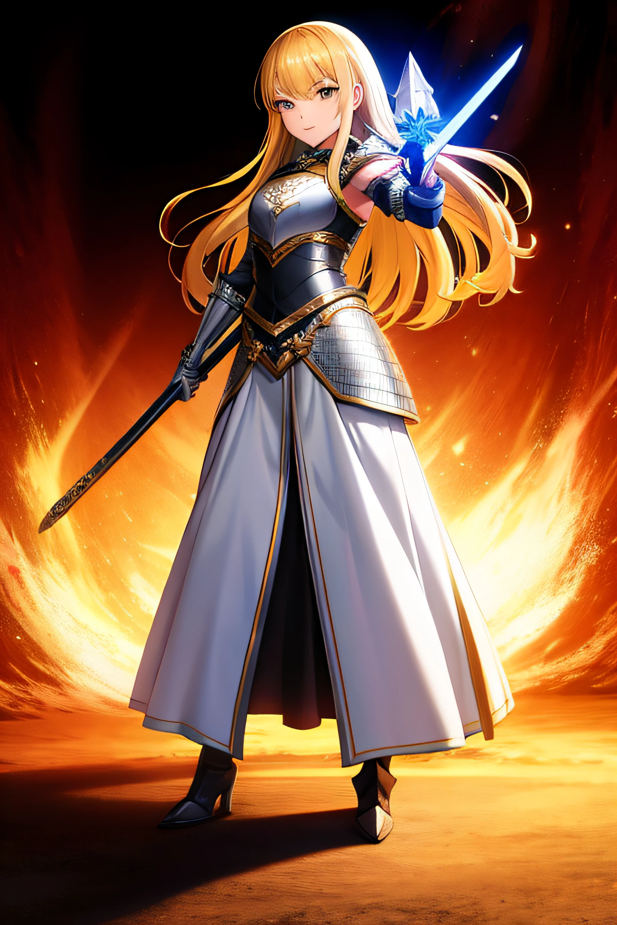 cleric rpg, armor, beautiful anime girl, serious, face like young Veronica Lake mixed Sono Bisuku Doru wa Koi o Suru , medium long brown hair, wearing intricately designed medieval orange and white, noble clothes, , perfect slender feminine body, use pants, divine elegance, fithinf pose holding a sword, nice perfect face with soft skin-ice mature perfect face, Full body, , anime style, , intricate clothing, analogous colors, glowing shadows, high detail, high definition, , cute face, slim waistz, holding a spear, fighting pose