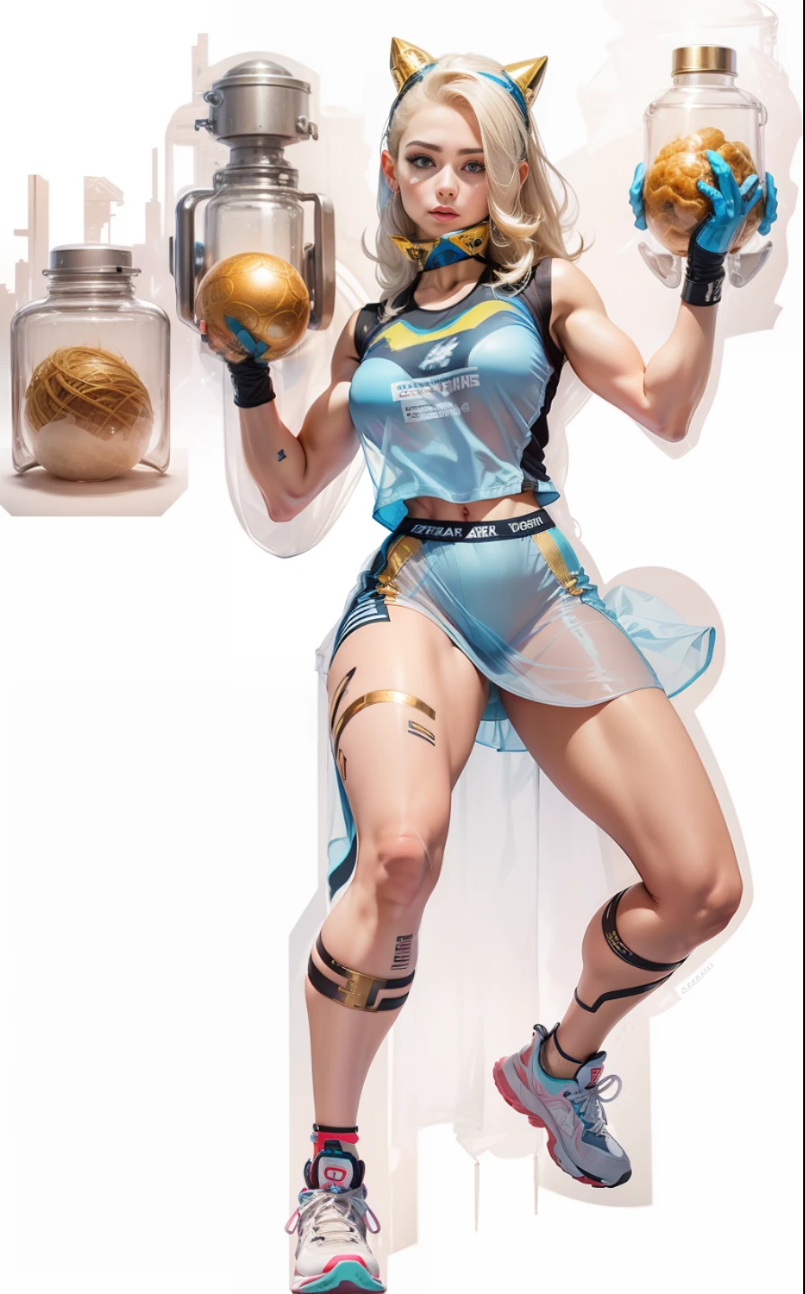 22 year old fitness woman, futuristic glued outfit, transparent skirt, loita, gold colored hair, hands of cute blue, 4l 3d, high resolution, ultra detail-oriented --auto