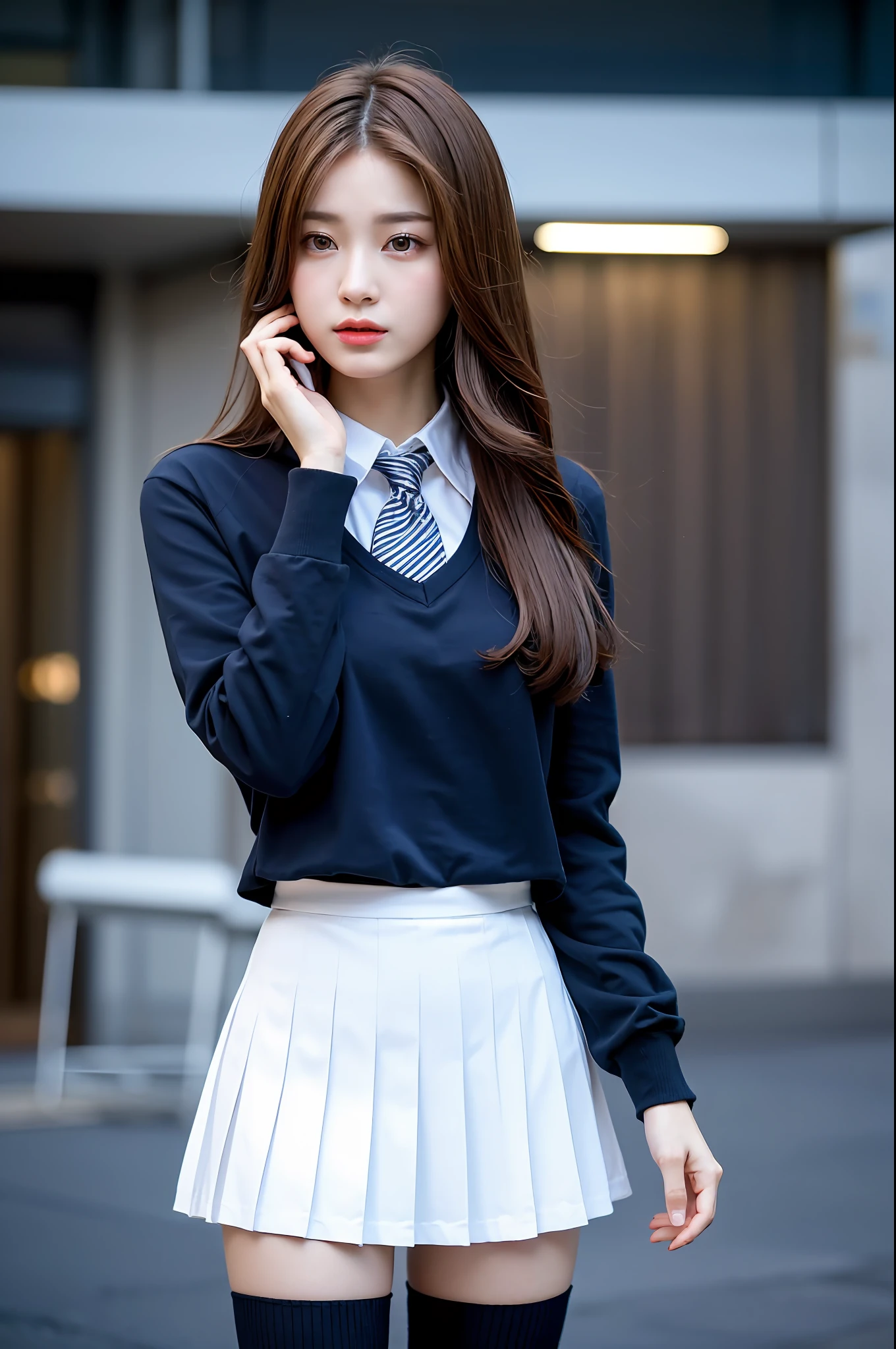 ((Cinematic Lights, Top Quality, 8k, Masterpiece: 1.3)), 17 year old woman, slender, (brown hair, big: 1.1), Uniform: 1.2, Ultra detailed face, detailed eyes, double eyelids, pleated skirt, navy blue high socks