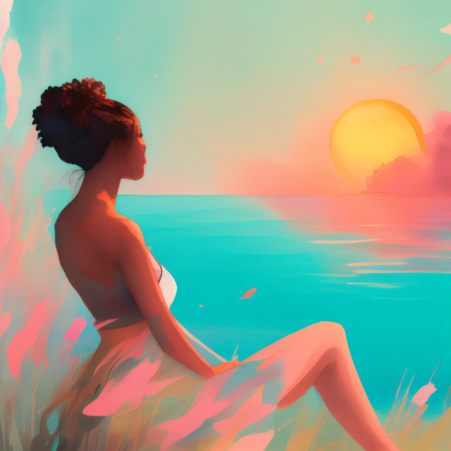 close-up of a beautiful girl sitting at a lake with fishes, sunrise, paint splatter, watercolor, wtrcolor style