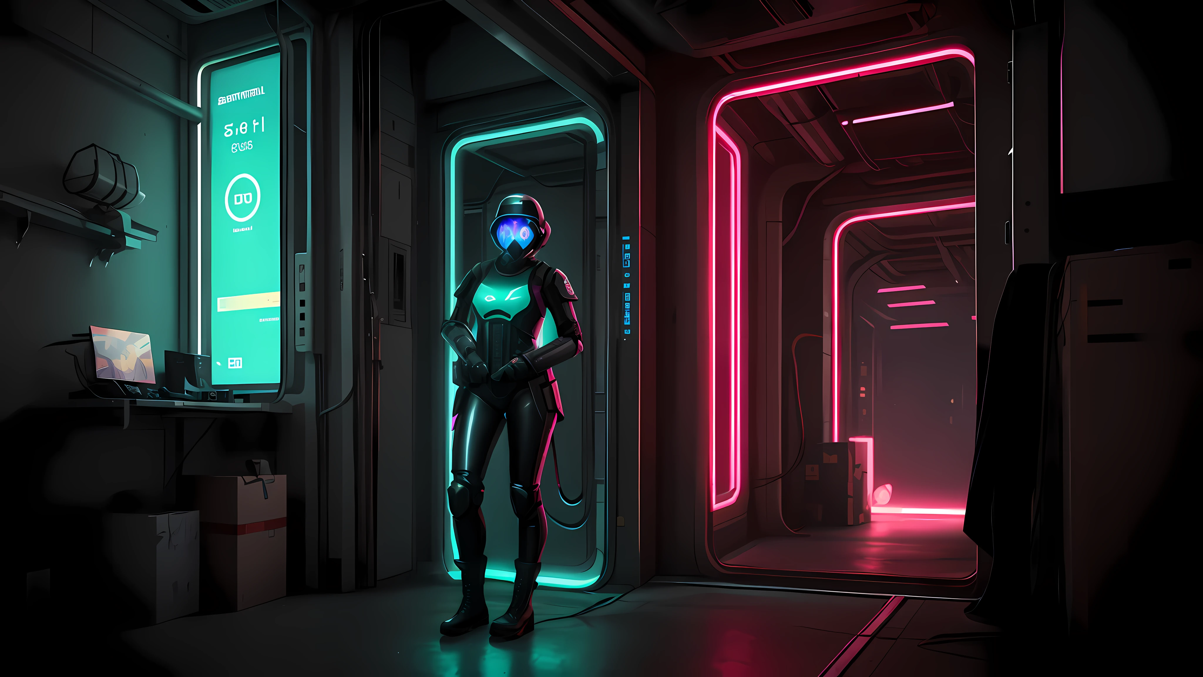 soldier with a gun and a box in a field, sci-fi soldier, stealth suit, dressed in tactical armor, futuristic soldier, from half-life, combine soldier, 1girl, solo, standing, helmet, gloves, looking at viewer, facing viewer, military, science fiction, island, gas mask, wide hips, (glowing blue eyes), holding pistol, standing, combat boots, cyberpunk, holograms, sexy tight clothes, large breasts,