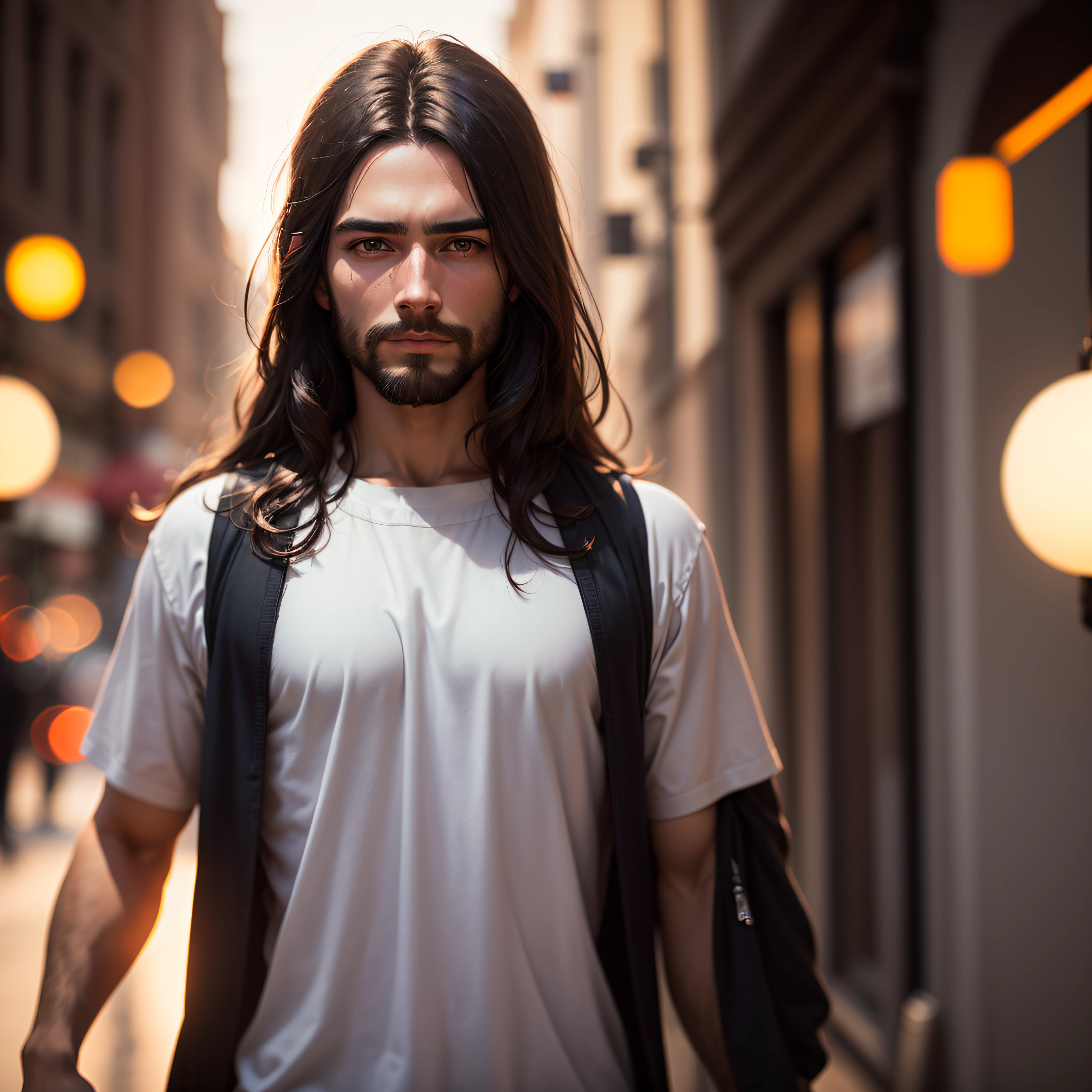 portrait of modern day Jesus, cinematic lighting, depth of field, bokeh, realism, photorealistic, hyperrealism, professional photography, uhd, dslr, hdr --auto