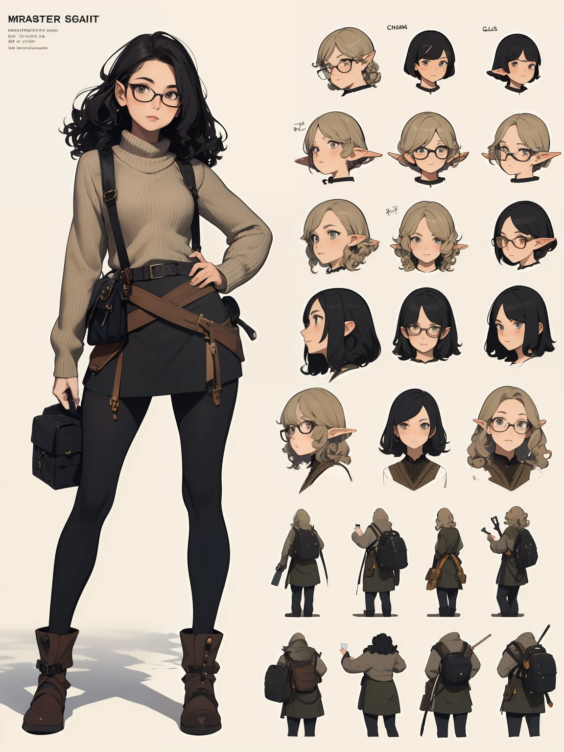 ((masterpiece)),(((best quality))),(character design sheet, same character, front, side, back), elven woman, glasses, curly black hair, bows, lace, sweater, satchels, pouches on waist, harness, tool belt, tools