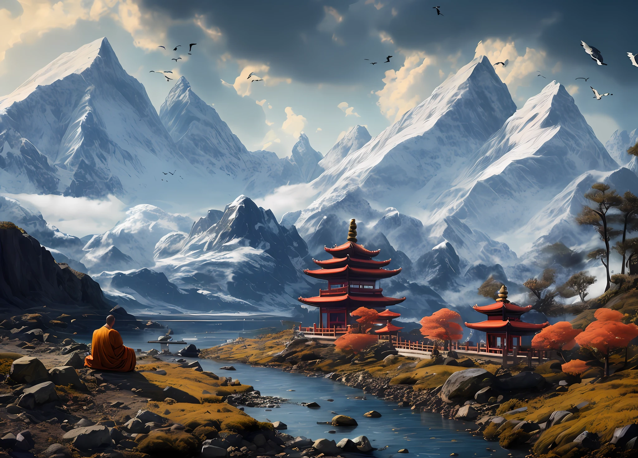A meditating monk(high detailed),a lush landscape, A Chinese temple, well detailed, suitable for the landscape, high detail,