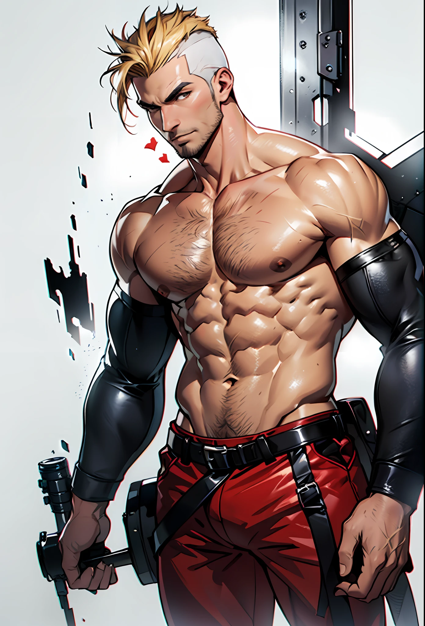 full-length, 1college boy, age 30, looking back over his shoulder, wearing a revealing fireman outfit, badass look, anime style, with mohawk blond hair, (holding a heart-shaped red crystal:1.2), skin texture, highly detailed, 2d illustration, done in corel painter X, vibrant colors, composite lighting, professional shading, nice and perfect face, stubble, handsome, (white background:1.5), (blank background:1.5), masculine shapes, manly, dynamic angle, sharp and crisp image, high quality textures, natural proportions