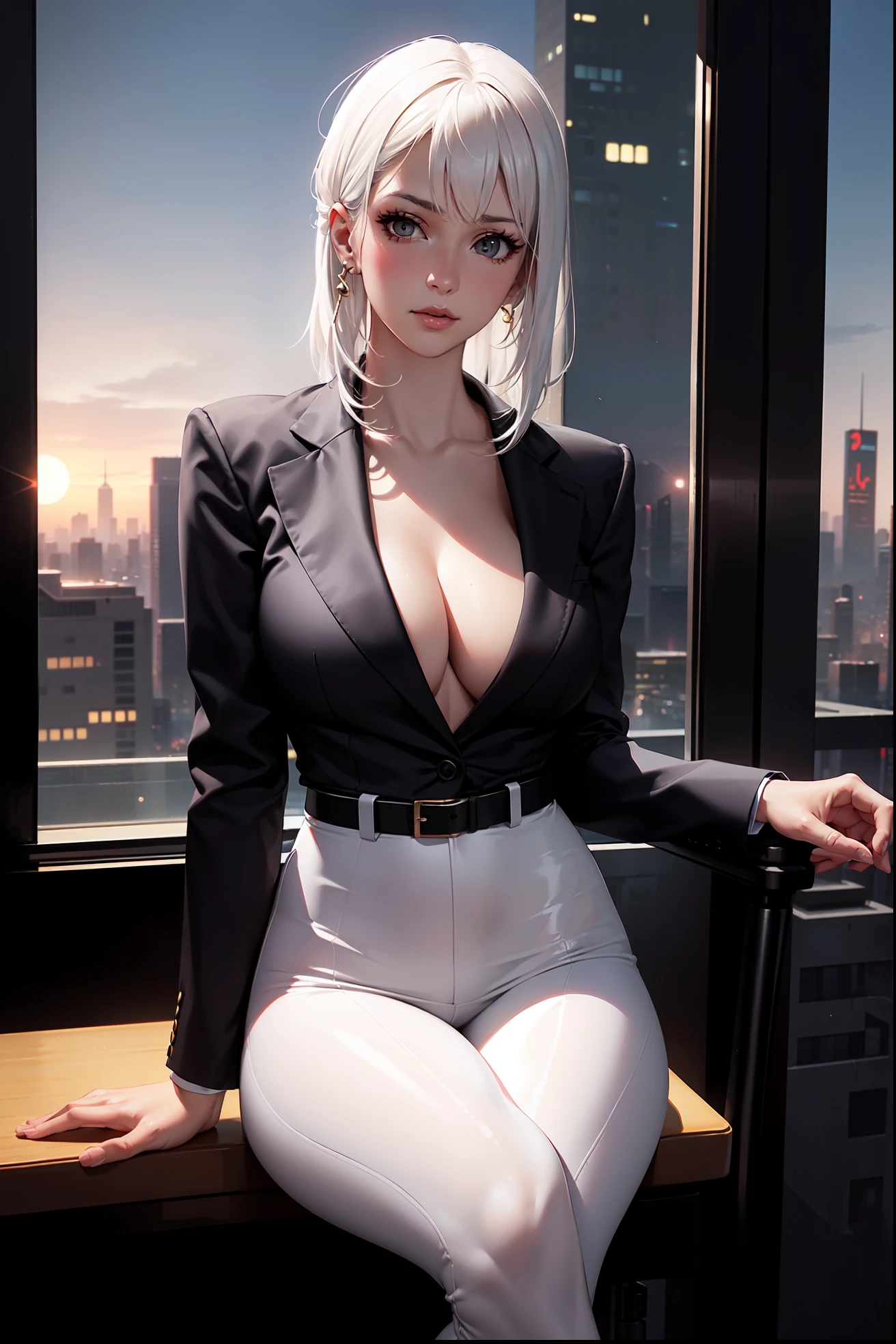 (masterpiece:1.3), (8k, photorealistic, RAW photo, best quality: 1.4), (1girl), beautiful face, (realistic face), Nice hairstyle，Realistic Eyes，Nice detail eyes，（Realistic Skin），Beautiful Skin，Ridiculous，attractive，Ultra high Resolution，an ultra realistic，RAWExtremely detailed，golden proportions，全身写真, Woman wearing business outfit, formal blazer, white blouse, high waist business skirt, sheer leggings, beautiful, masterpiece, best quality, perfect lighting, (white hair:1.4), long hair, (grey eyes:1.2), slender build, thin, medium breasts, business woman, ceo, sitting in luxurious black office chair, giant modern window with view of dusk cyberpunk city skyline in background, close up, dusk, (cyberpunk city background:1.3), (Hazy sky:1.2), (Dim red sun:1.3), eyelashes, dark eyeliner