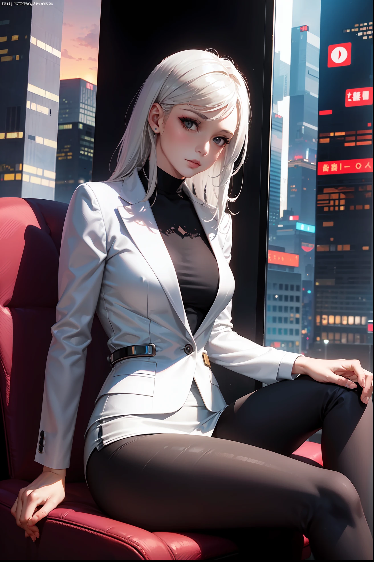 (masterpiece:1.3), (8k, photorealistic, RAW photo, best quality: 1.4), (1girl), beautiful face, (realistic face), Nice hairstyle,Realistic Eyes,Nice detail eyes,(Realistic Skin),Beautiful Skin,Ridiculous,attractive,Ultra high Resolution,an ultra realistic,RAWExtremely detailed,golden proportions,全身写真, Woman wearing business outfit, formal blazer, white blouse, high waist business skirt, sheer leggings, beautiful, masterpiece, best quality, perfect lighting, (white hair:1.4), long hair, (grey eyes:1.2), slender build, thin, medium breasts, business woman, ceo, sitting in luxurious black office chair, giant modern window with view of dusk cyberpunk city skyline in background, close up, dusk, (cyberpunk city background:1.3), (Hazy sky:1.2), (Dim red sun:1.3), eyelashes, dark eyeliner