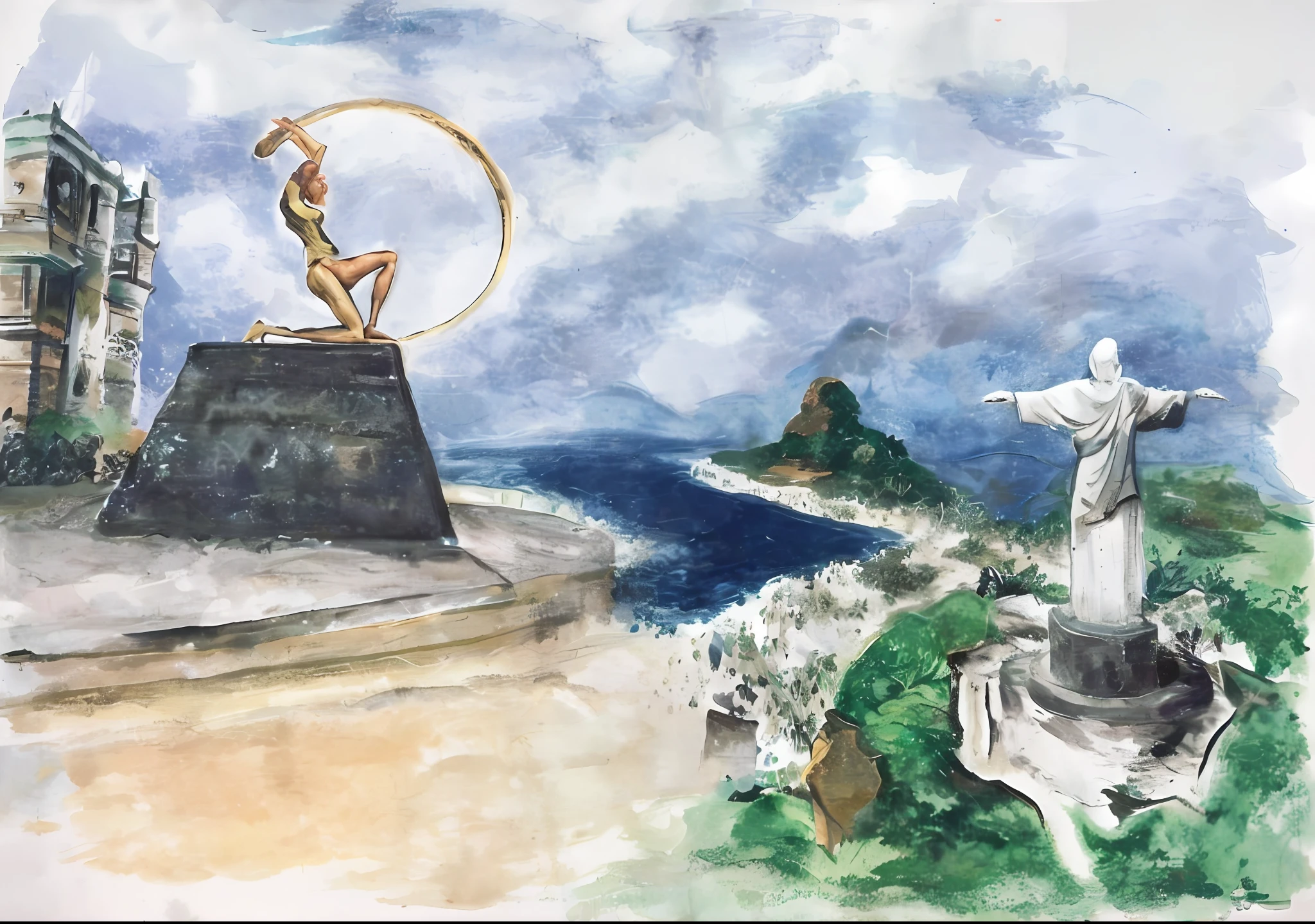 painting of a statue of a man holding a circle above a body of water, inspired by Antônio Parreiras, inspired by Francis Souza, inspired by Óscar Domínguez, cristo redentor, inspired by Emerson Silva, by Ceferí Olivé, inspired by Marcell Chagall, inspired by Alexandre Benois