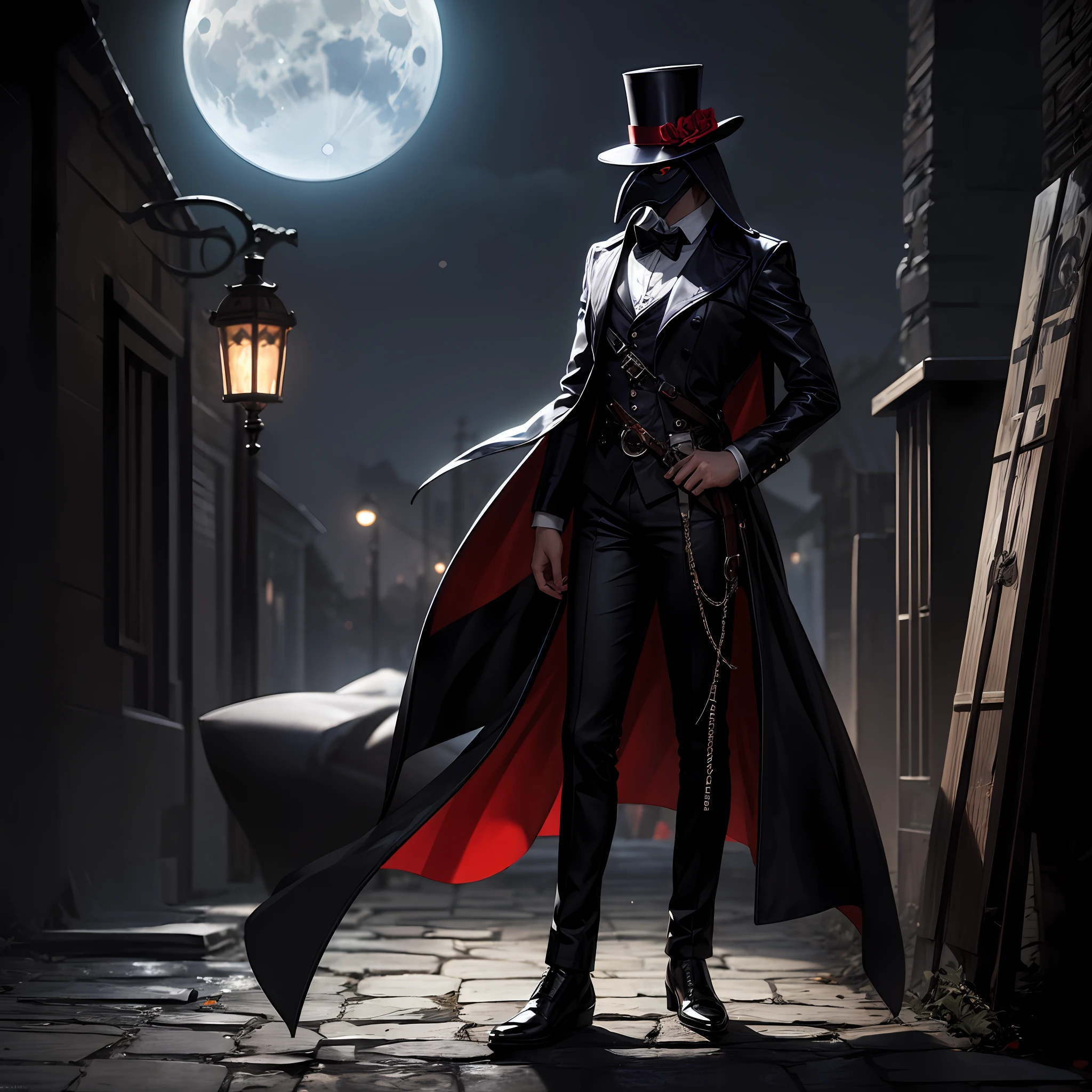 Plague doctor, crow's beak mask, eye-shaped lenses on mask, steampunk-style top hat, black fabric clothing, leather bandolier for carrying flasks containing liquids unknown, silver/transparent hair, moonlight, nightscape with full moon, full body painting, looking at viewer --auto