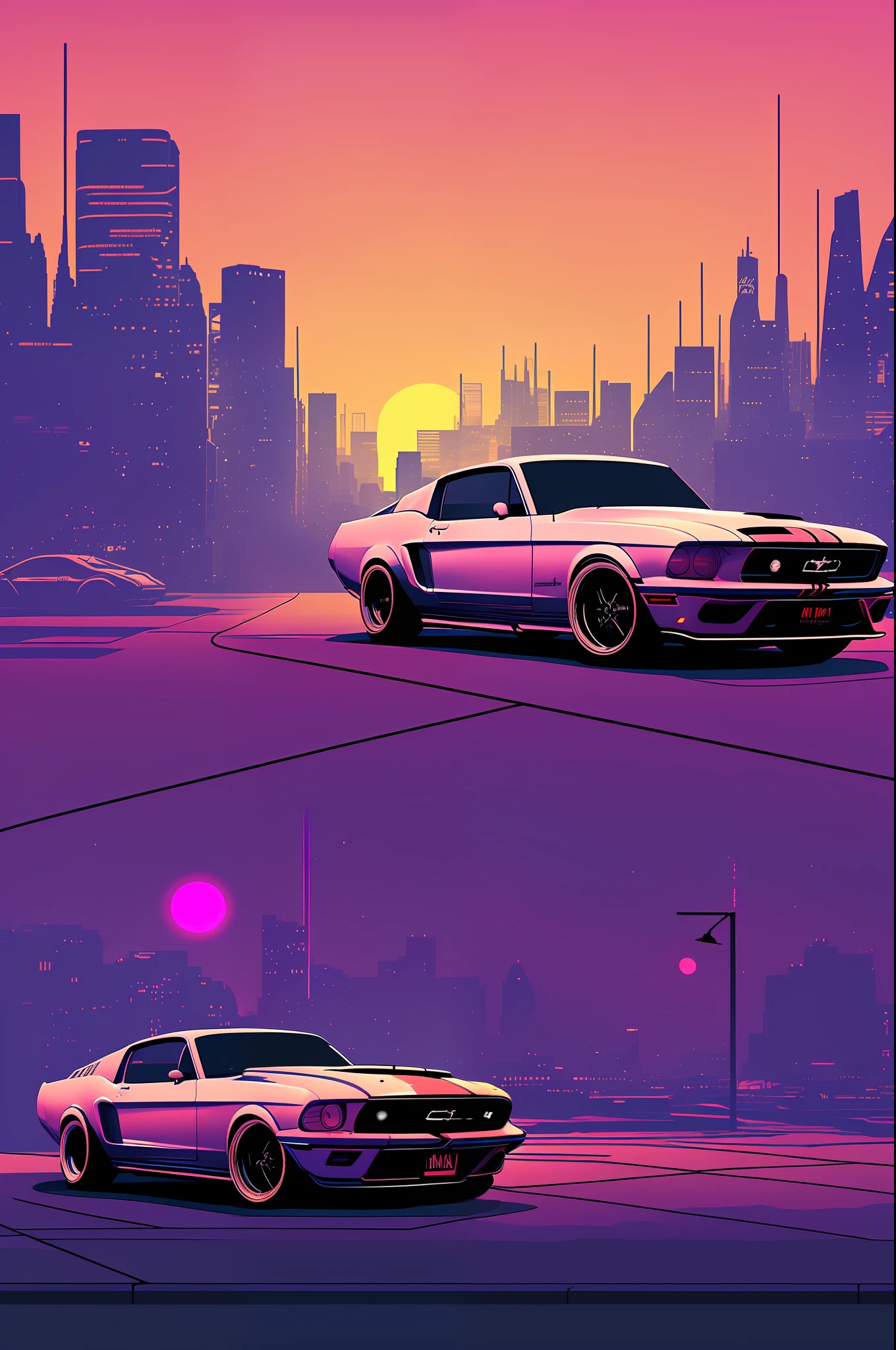 (nvinkpunk:1.2) (snthwve style:0.8) ford mustang, lightwave, sunset, intricate, highly detailed