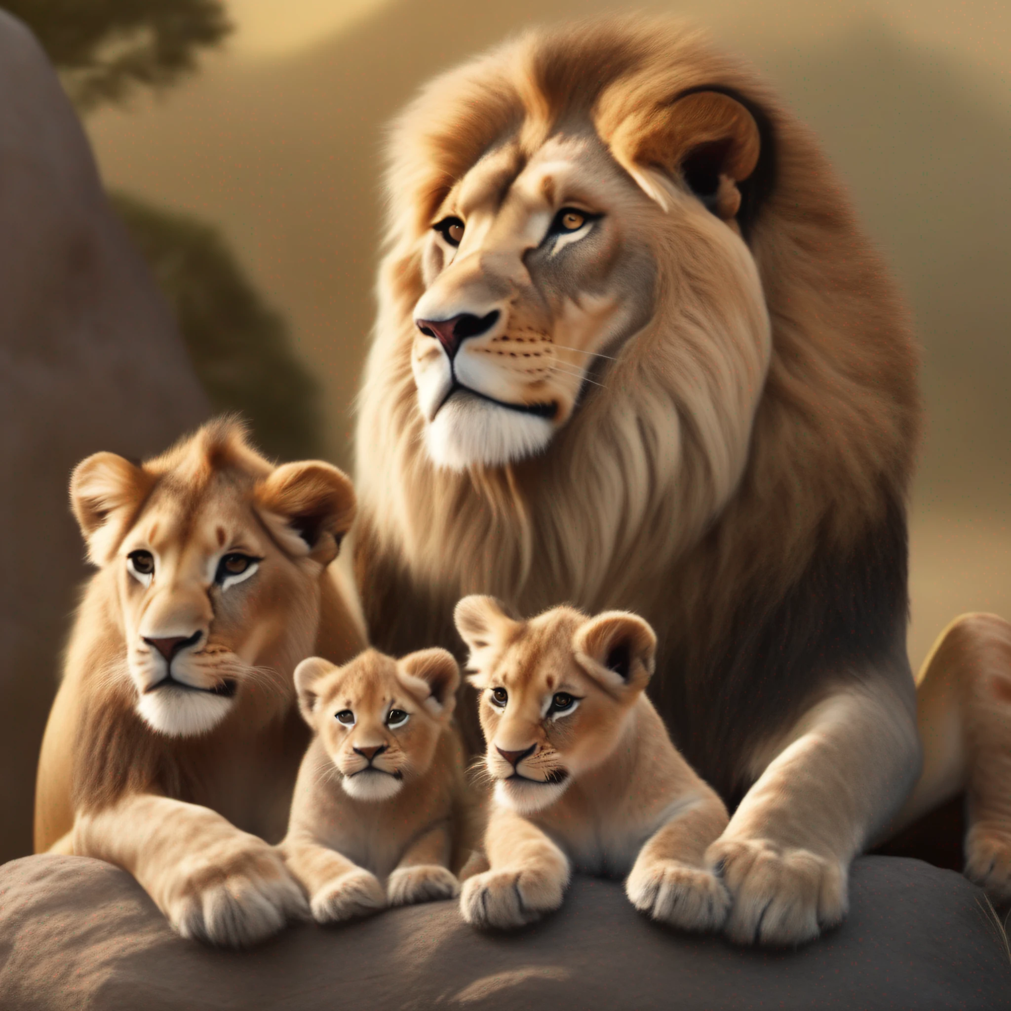 there are three lions sitting on a rock together with a baby lion, lions, the lion king, family portrait, 2019, 2 0 1 9, trending ,, happy family, lion, key art, high quality photos, simba, family photo, realistic scene, incredibly realistic, portrait shot, amazing art, 2018, 2 0 1 8