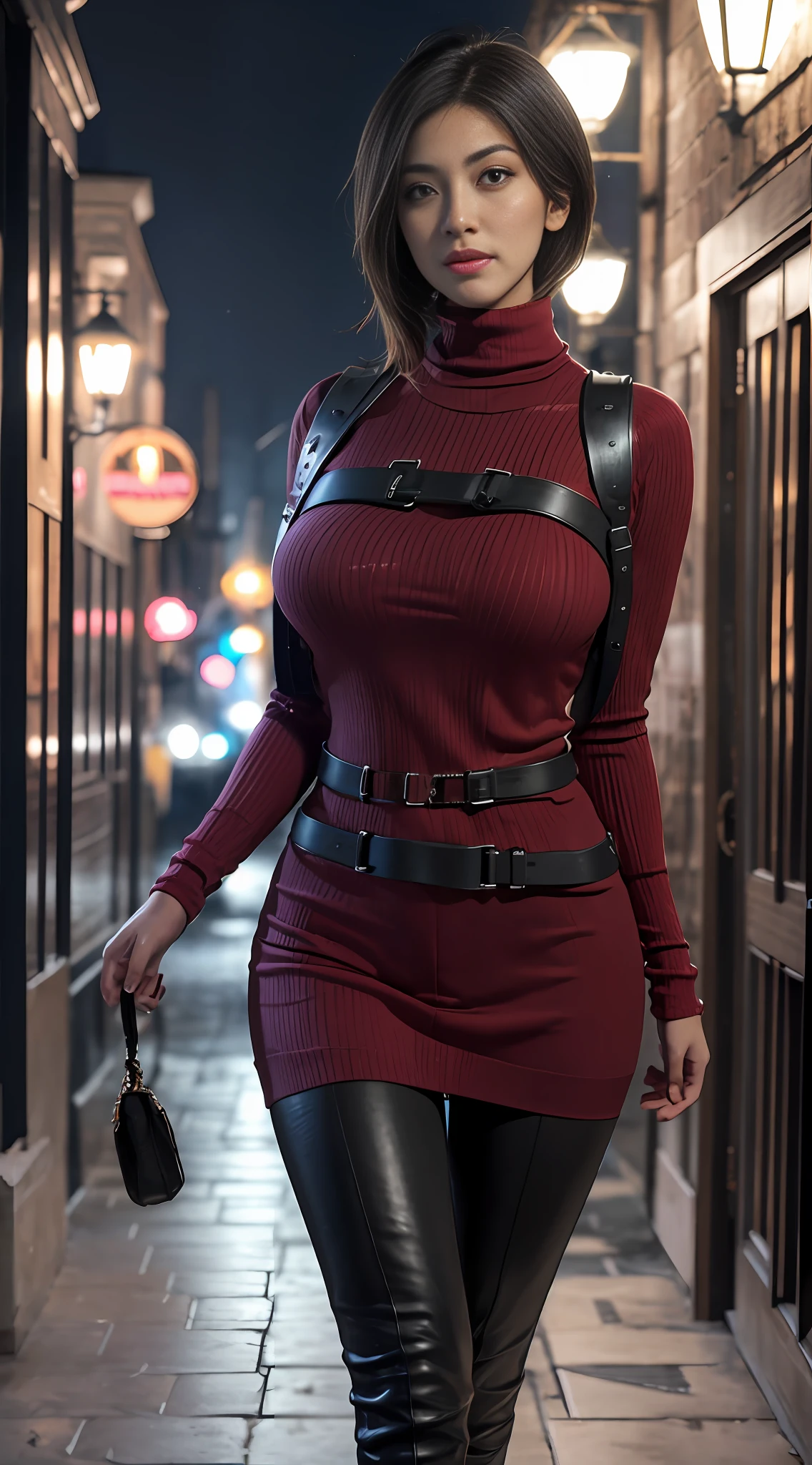 Unreal Engine, Realistic Rendering, Excellent, milf, looking on viewer, high detailed, 1girl, RE4, red sweater dress, turtleneck, ribbed sweater, thigh high boots, black pantyhose, harness, Best quality, masterpiece, ultra high res, (photorealistic:1.4), 1girl, cosplayer, walking down hallway of night city, beautiful face, makeup, ((top body is hyperrealistic slim and hyper gigantic breasts)), lower is huge buttocks, skintigh, shiny skin, bokeh, masterpiece, highres, 1080P, UHD