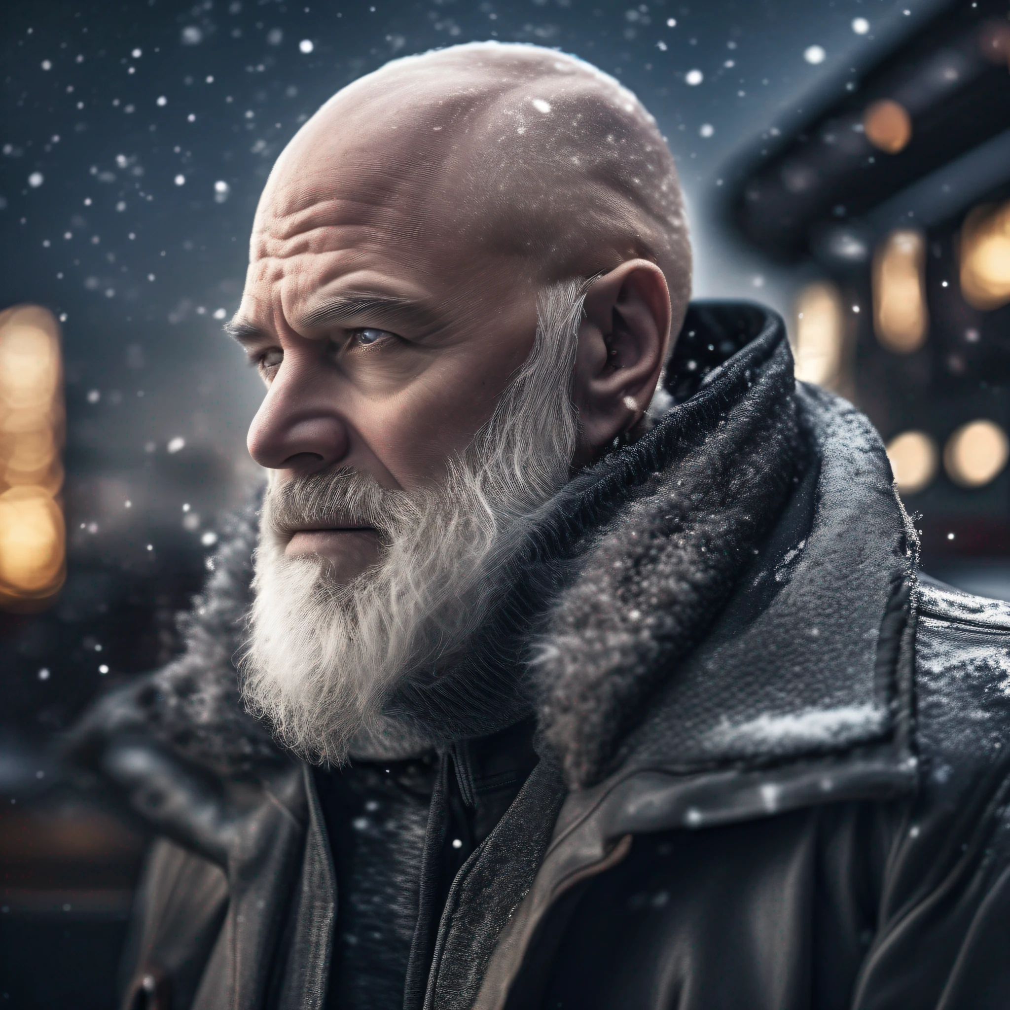 Realistic photography, closeup of 60 year old man, bald bearded gray hair, eye focus, 50mm f/1.4, hdr masterpiece, dramatic lighting, epic, hair in the wind, wearing leather, light snow, futuristic city in the background