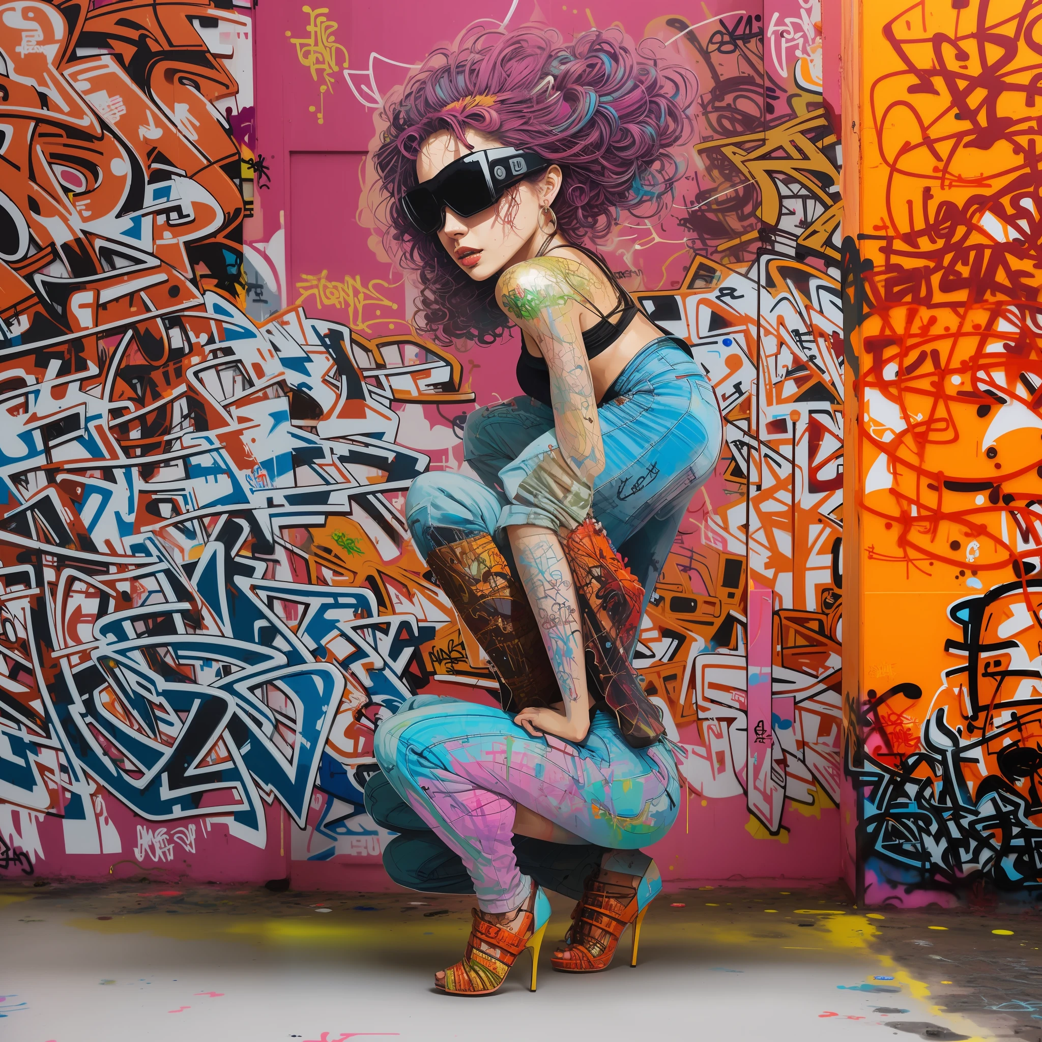 close up, full color painting of squatting cyberpunk girl, sunglasses, high heel shoes, perfect hourglass figure, perfect perky tits, (((Graffiti art) (by Carne Griffiths))), red wall background, insane details, intricate details, hyperdetailed, low contrast, soft cinematic light, dim colors, exposure blend, hdr, front