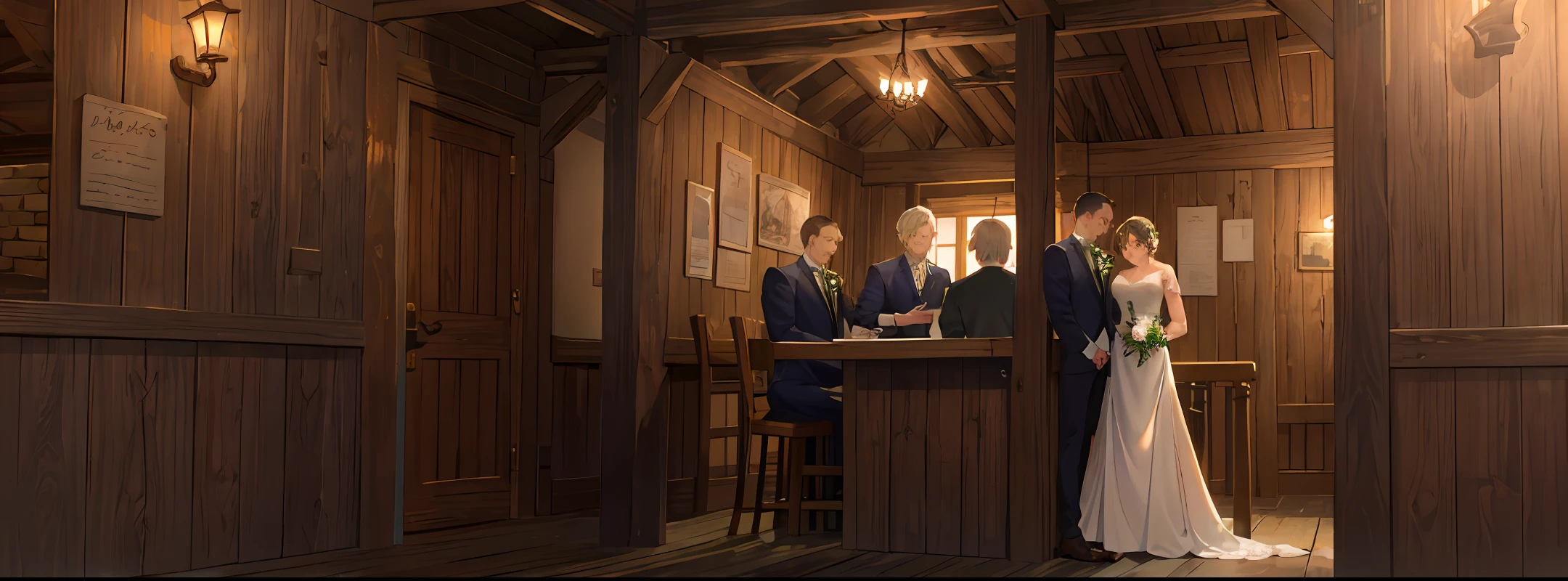 Inside an old tavern with medieval male and female clients with a wooden pillar with a wedding letter on the pillar
