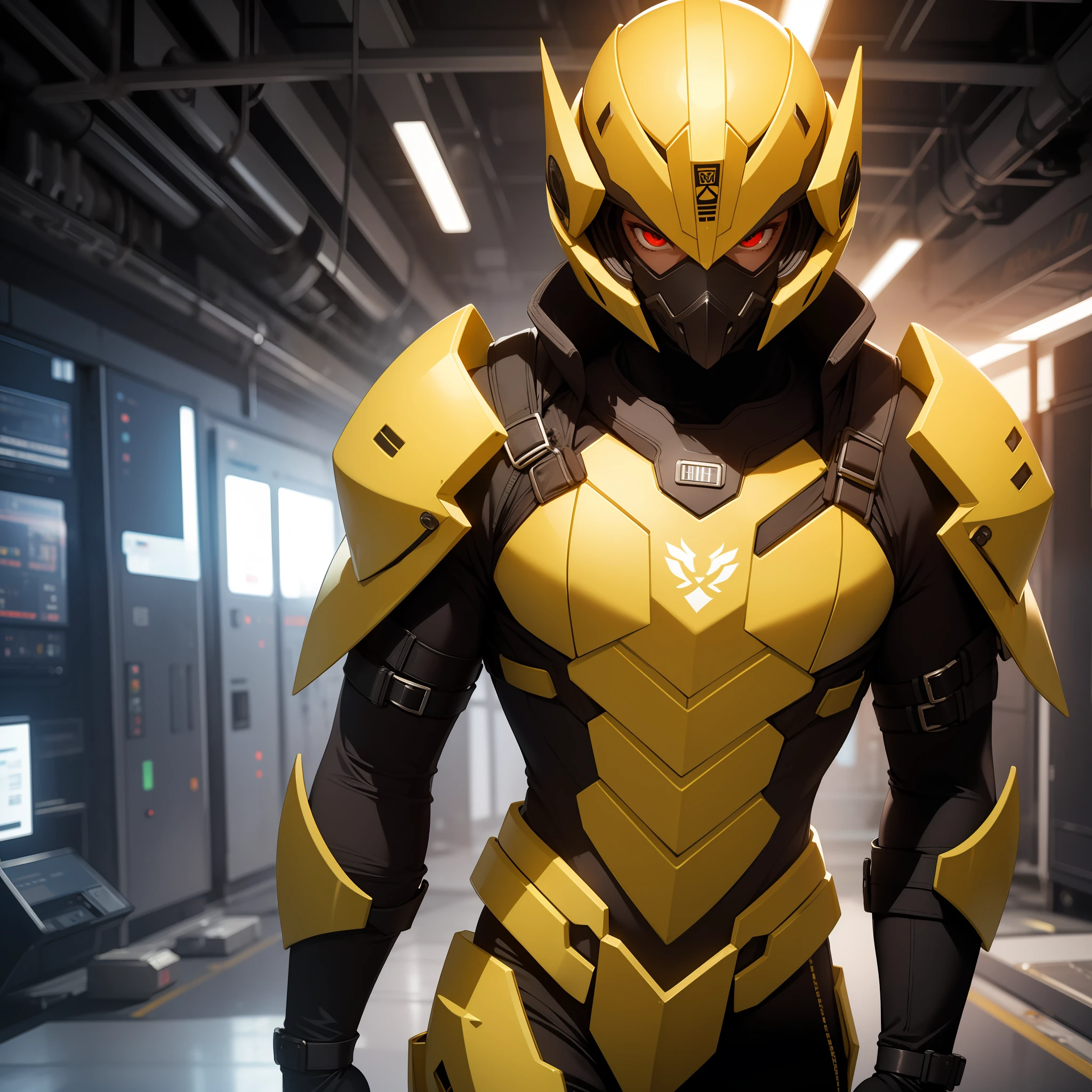 solo male, yellow armor, science fiction, helemt, covered face, red eyes