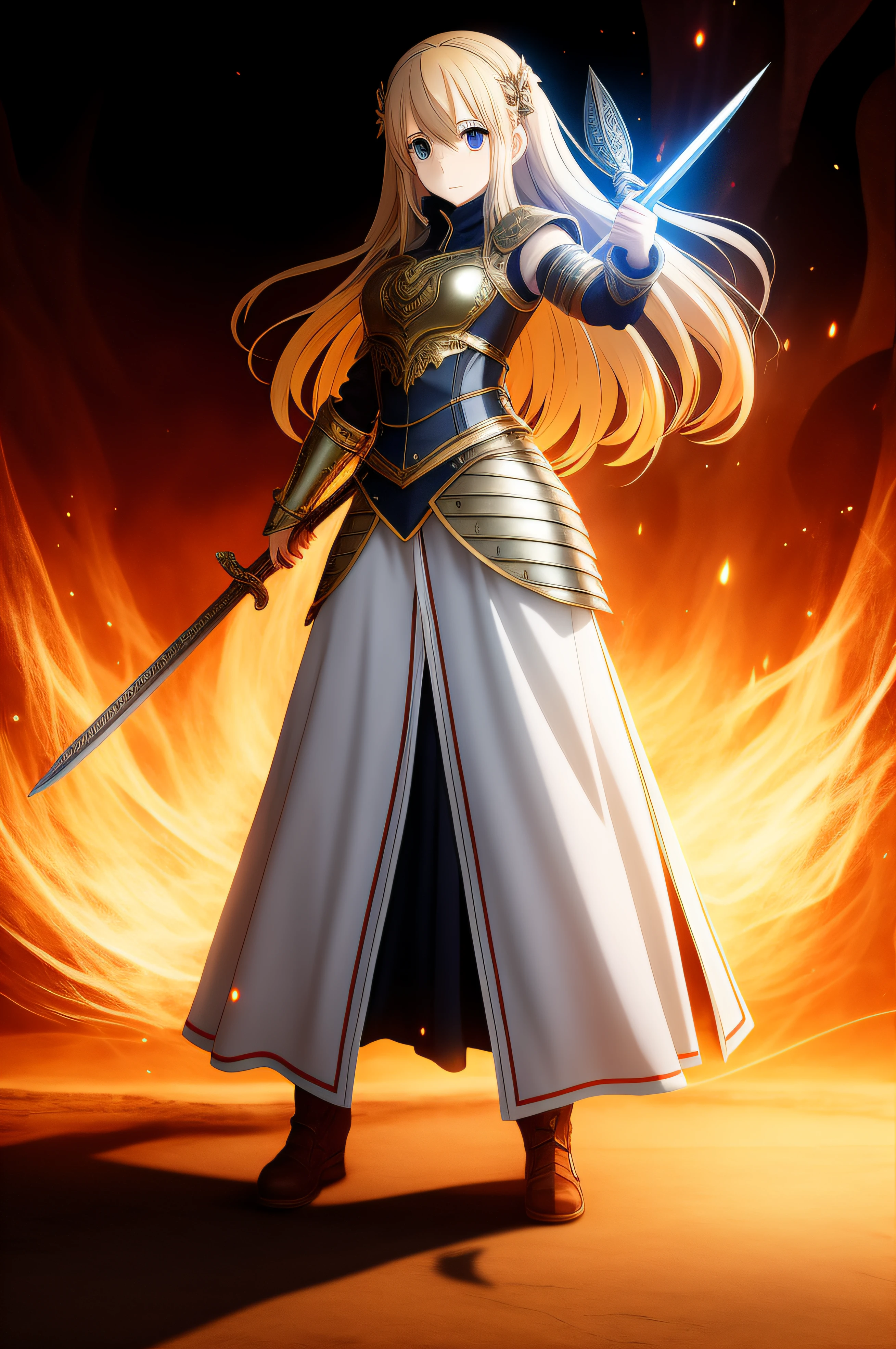 cleric rpg, armor, beautiful anime girl, serious, face like young Veronica Lake mixed Sono Bisuku Doru wa Koi o Suru , medium long brown hair, wearing intricately designed medieval orange and white, noble clothes, , perfect slender feminine body, use pants, divine elegance, fithinf pose holding a sword, nice perfect face with soft skin-ice mature perfect face, Full body, , anime style, , intricate clothing, analogous colors, glowing shadows, high detail, high definition, , cute face, slim waistz, holding a spear, fighting pose