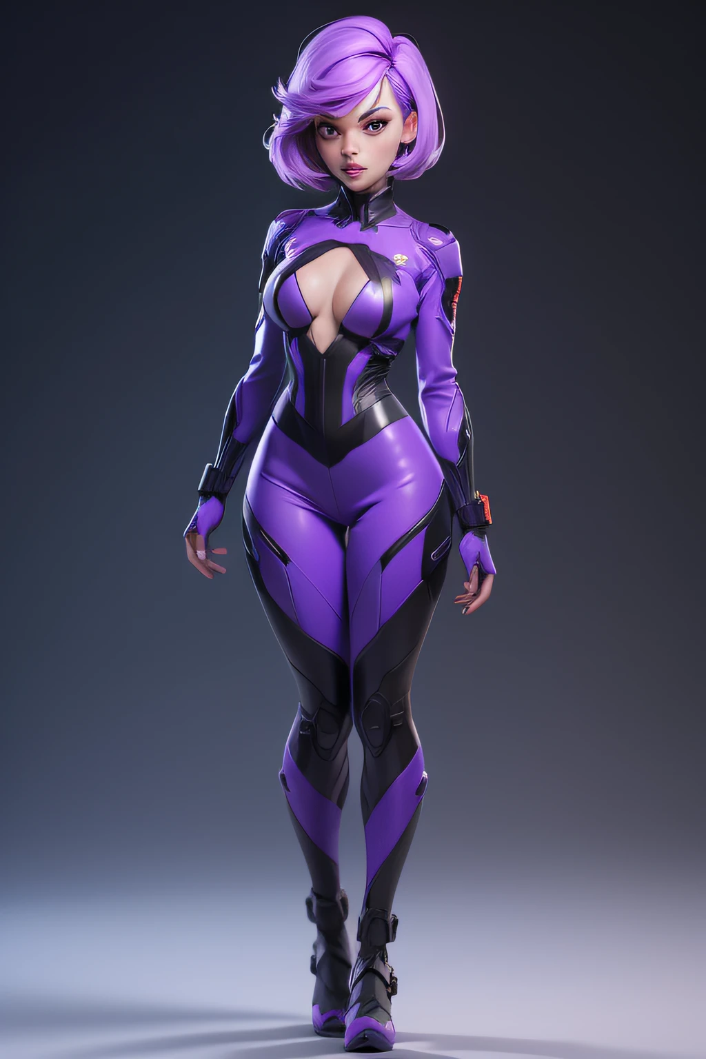 3d render, 3DMM style, portrait, 3D, 1girl, solo, purple hair, looking right side, reality, simple background, bangs, look away, short hair, lips apart, dark eyes, lips, makeup, futuristic sensual suit. Violet hair color, warrior of the future, full body. with enough cleavage, very sexual, neckline, suit with gray metal parts.