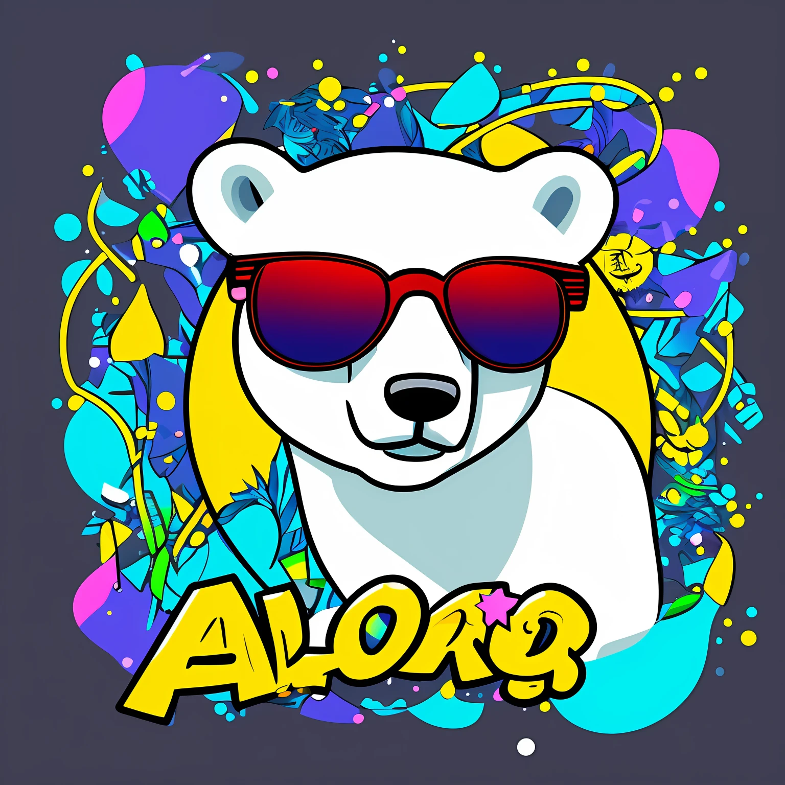 A cool polar bear with sunglasses, splash background, cute, contour, neon color, 2d, vector, sticker, simple --auto