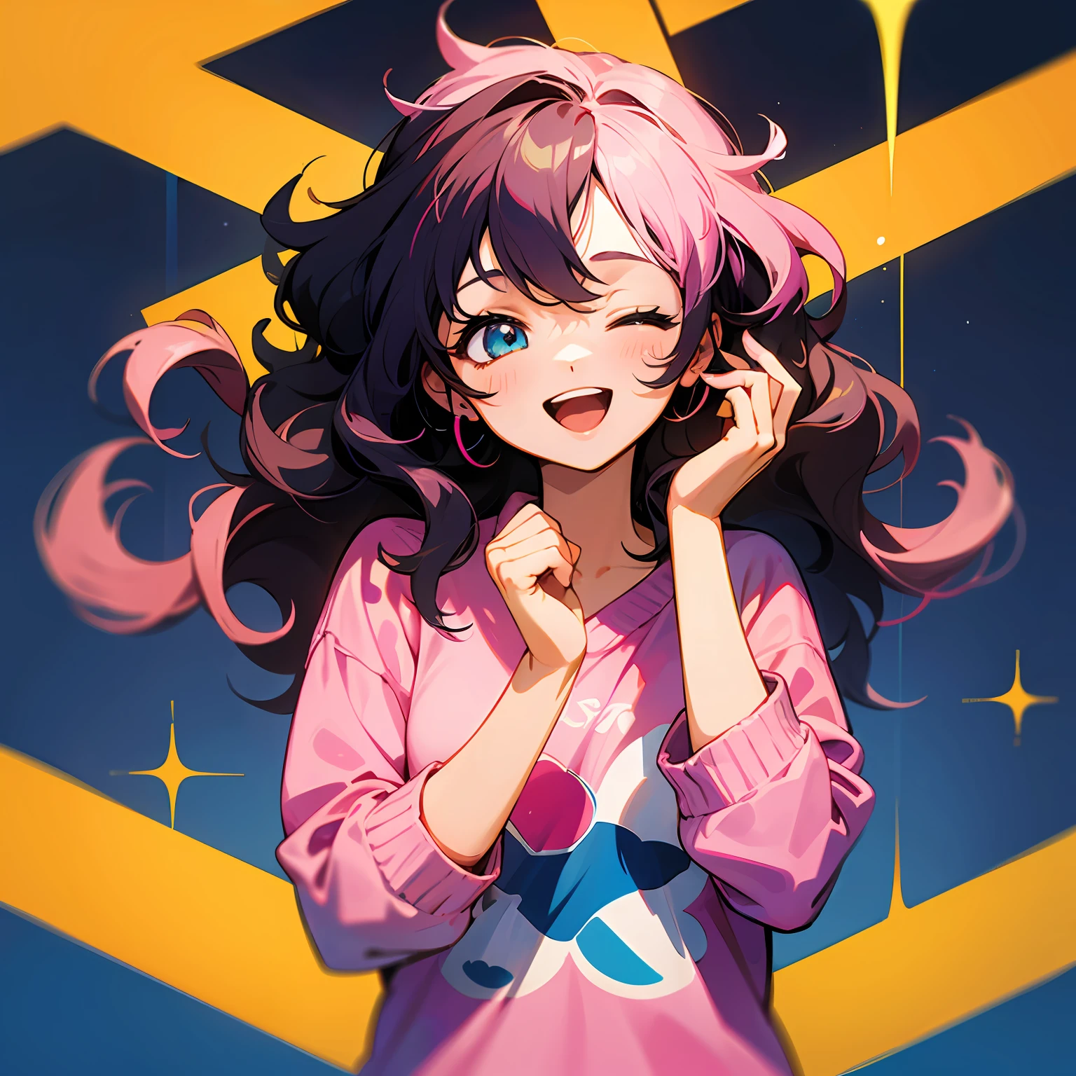 girl, colorful hair, wavy hair, anime style, digital art, happy, eyes lightly closed, hands up, light pink sweatshirt with Neymar Jr print, --auto
