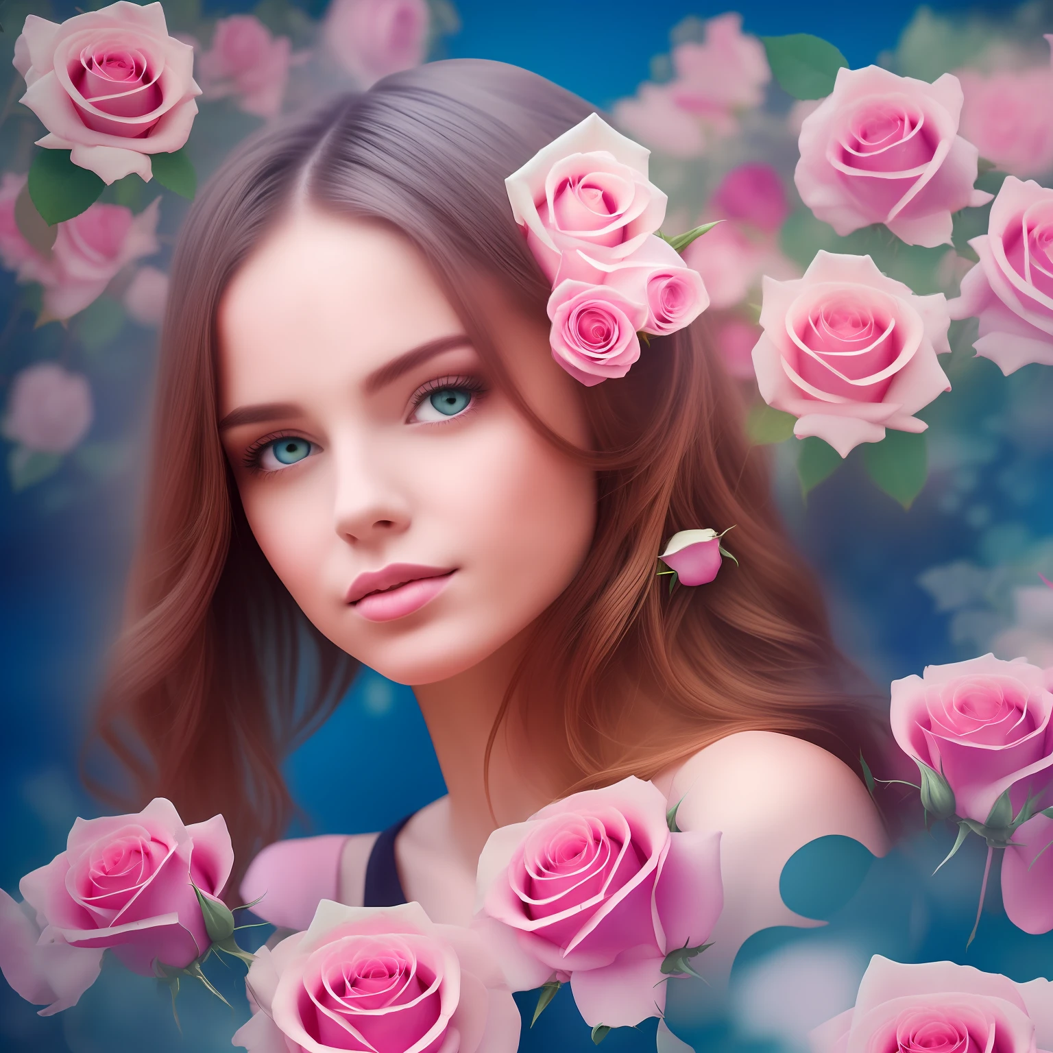Overlay of images, beautiful young woman (half body) and white and pink roses. Blue soft light, surreal