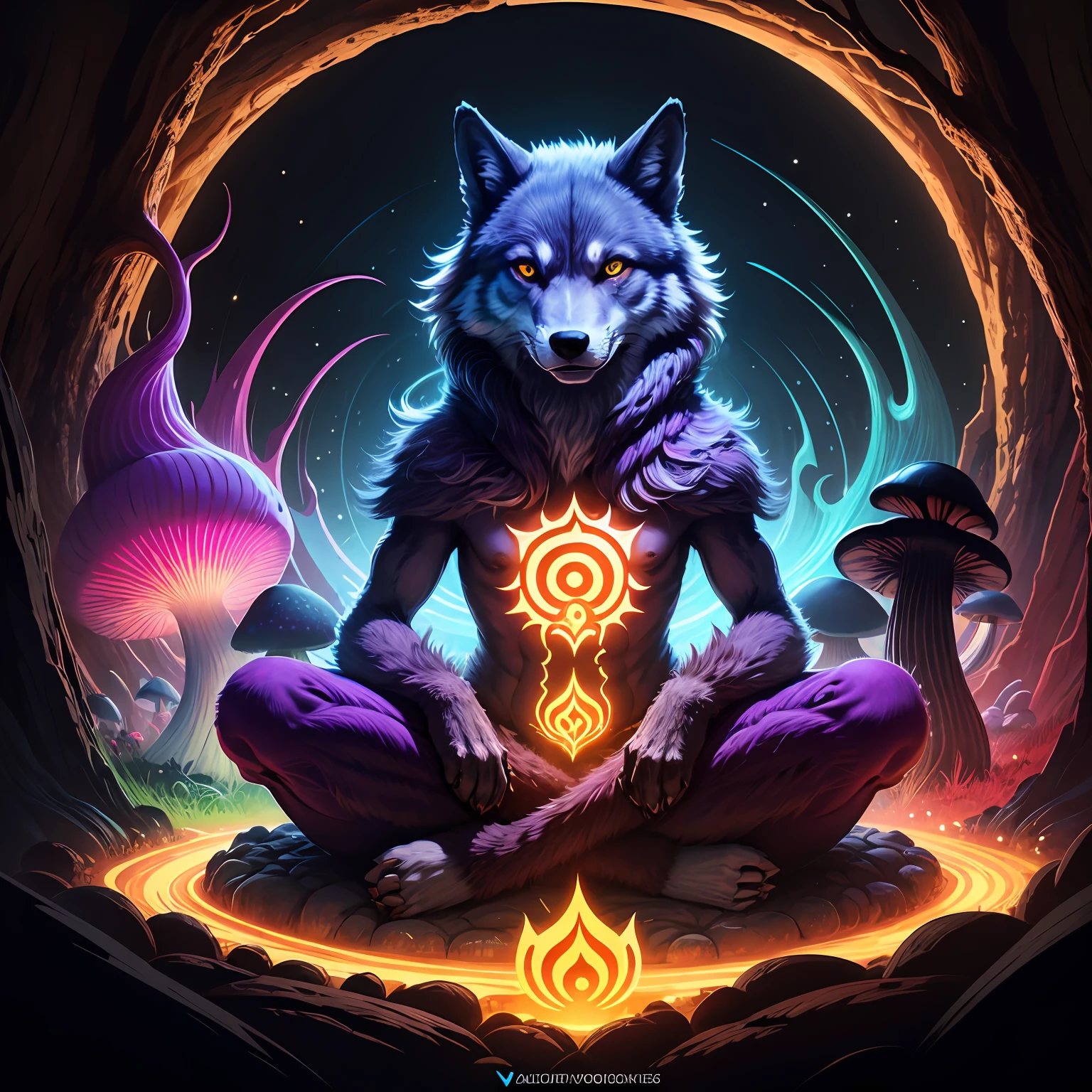 vector logo mutating psychedelic alien wolf namaste with a mushroom in symbiosis with nature --auto
