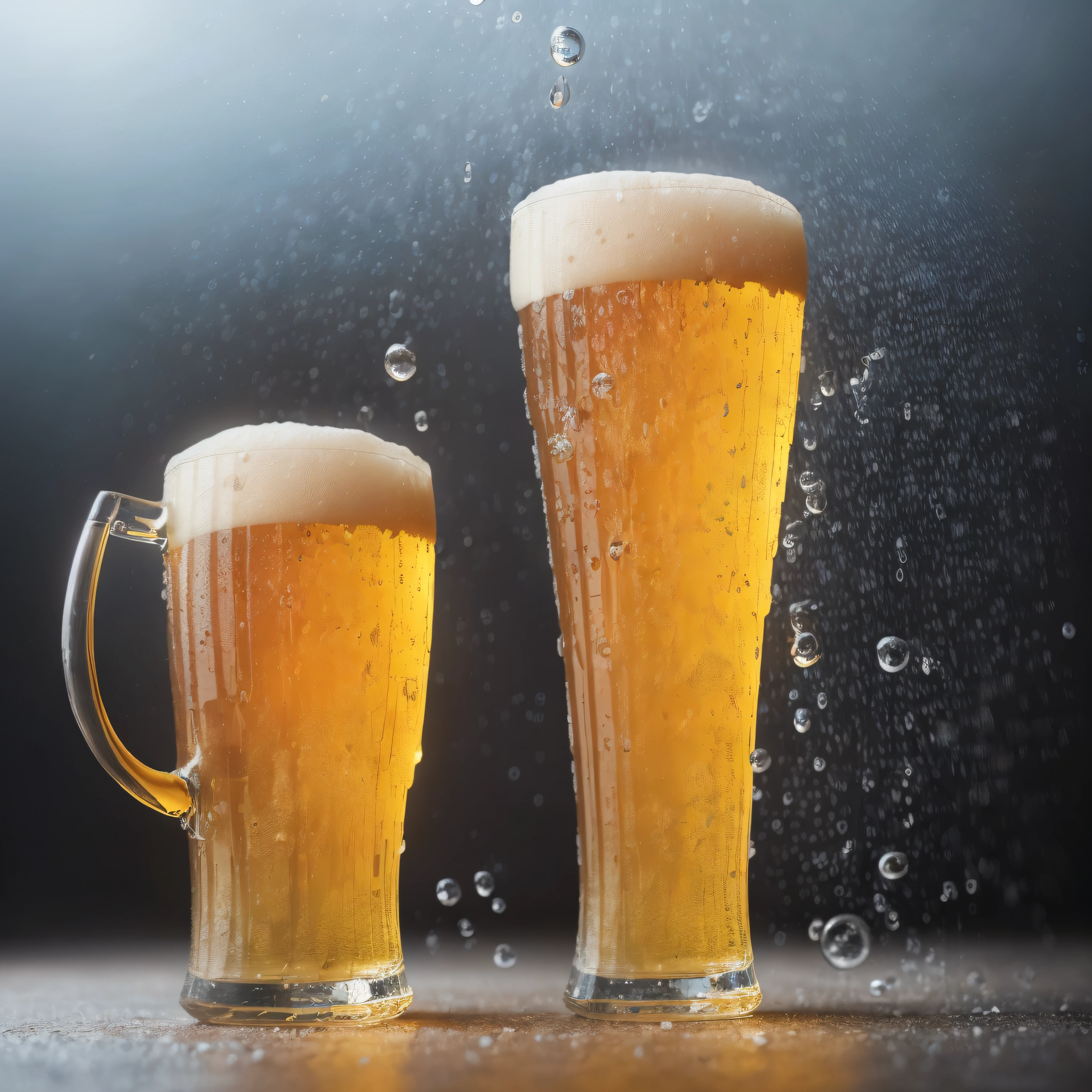Glass with lots of beer, foaming, lots of white foam, foam explosion, foaming foam, explosion of drops, cold beer, glass with bubbles due to cold, glass only, yellow beer, photo suspended in the air, neutral background background, high brightness, surrealism, soft light, studio lighting, diffused light, shallow depth of field, sharp focus