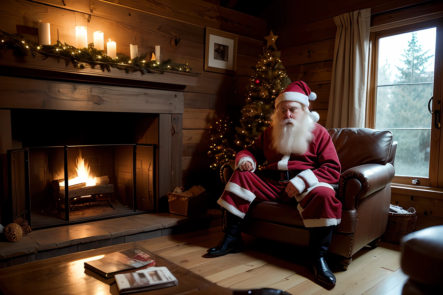 {santa claus sitting on the floor reading a story book}brutal drama style,masterpiece,best quality,8k,artstation,sharp focus,ultrarealistic,high details,raw photo of creepy santa claus,muddy,wooden house living room ,rustic stone fireplace with sparkling logs inside,a Christmas fir tree with presents at its base,intricate details, HDR, intricate details, hyper-detailed, cinematic, dark shot, muted colors, grainy film, soft tones, muted colors, technicolor