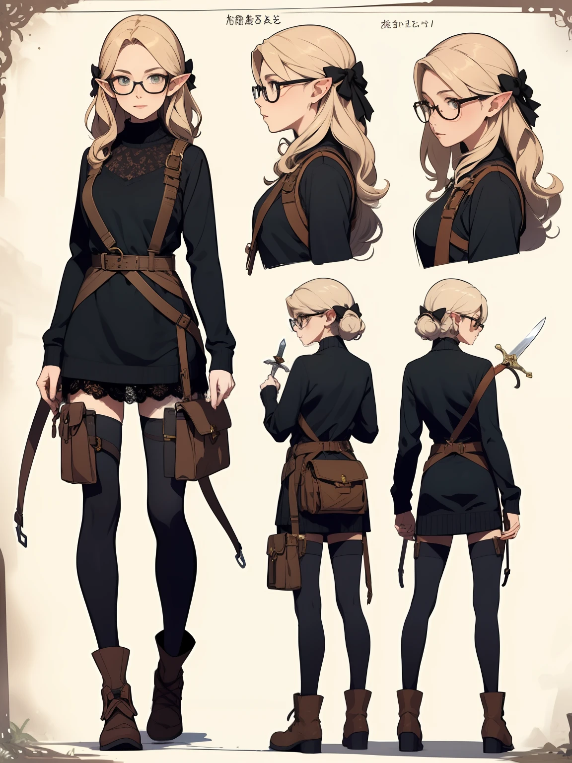 ((masterpiece)),(((best quality))),(character design sheet, same character, front, side, back), elven woman, glasses, long curly hair, bows, lace, black sweater, satchels, pouches on waist, harness, tool belt, tools, sword