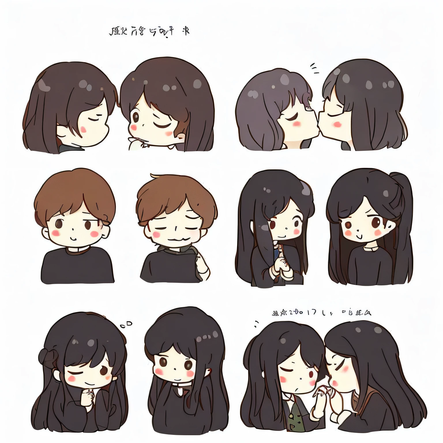 white background, character sheet, many angles, cute illustration, logo design, boy and girl, eat, sleep, walk, hold hands, date, kiss, love love, anger, joy, surprise, fatigue, expressionless, loving, masterpiece, high quality