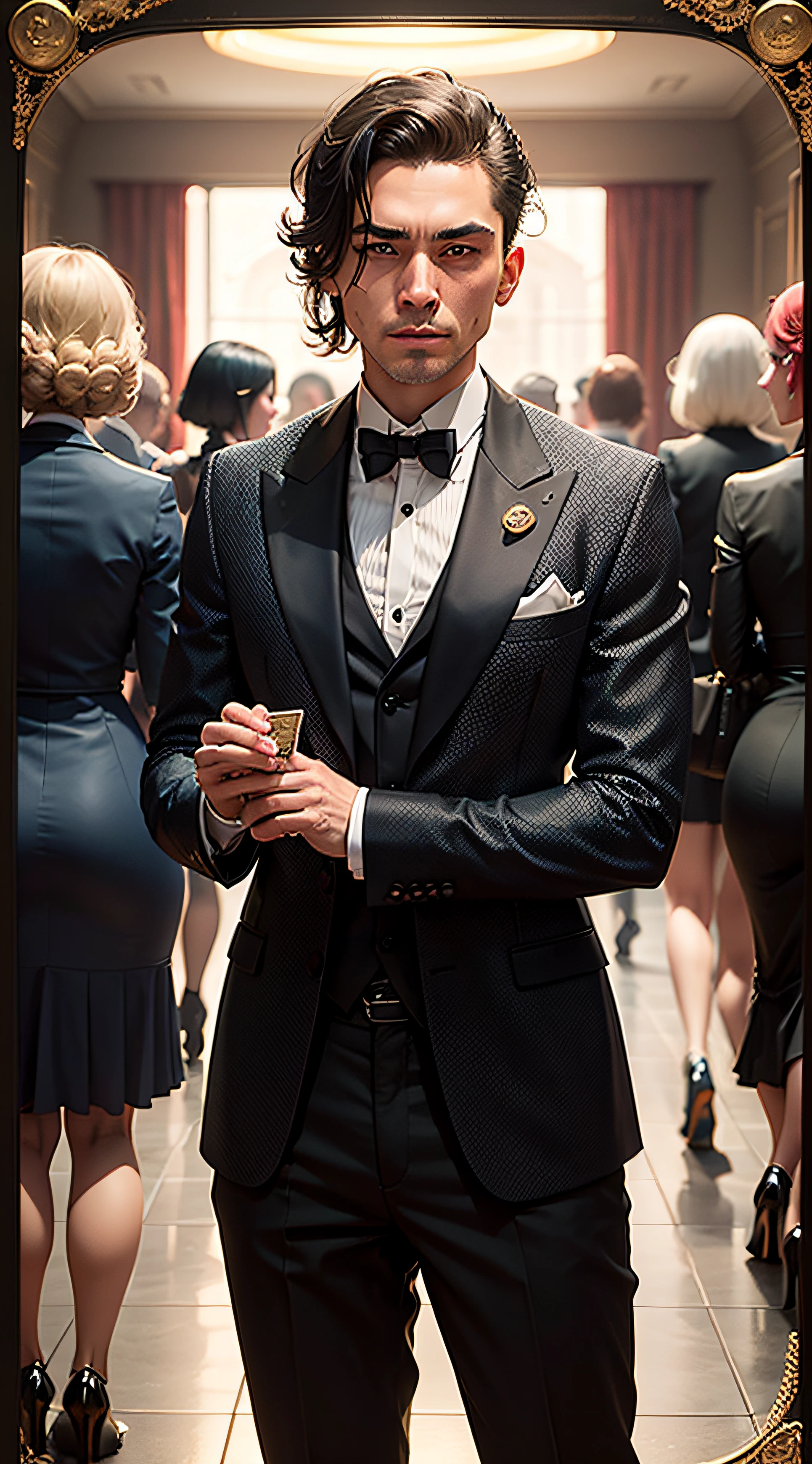 A 1920s gangster surrounded by call girls, highly detailed, high-quality, intricate, horridtarot --auto