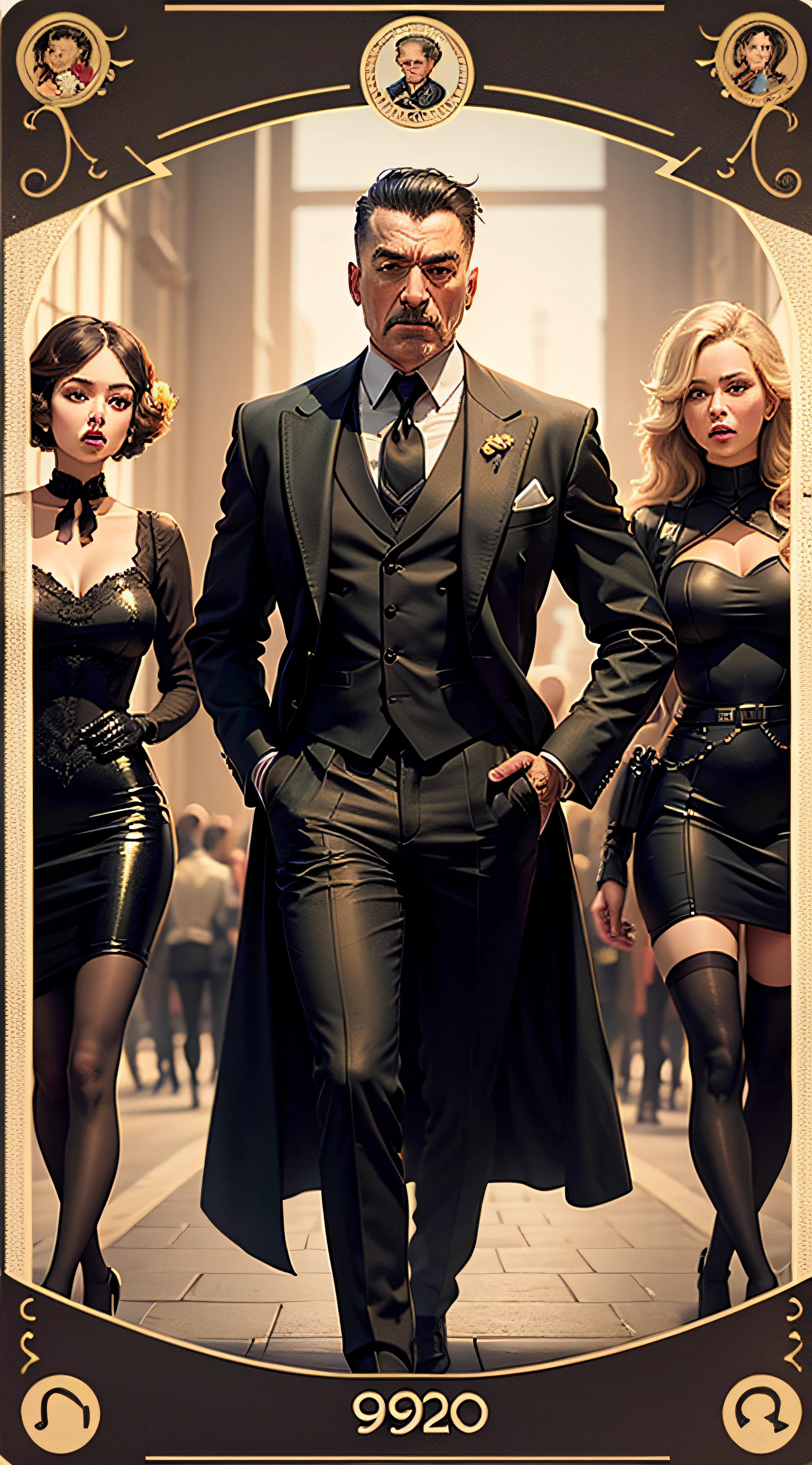 A 1920s gangster surrounded by call girls, highly detailed, high-quality, intricate, horridtarot --auto