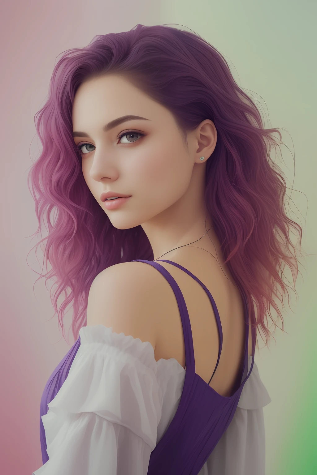 Beautiful colorful girl: , messy hair, oil painting, perfect face with soft skin and perfect face, blue yellow colors, light purple and violet additions, light red additions, intricate details, home screen,, masterpiece, beautiful face, artstation digital painting photorealistic masterpiece: acrylic: watercolor art, professional photography, natural lighting, complex photoillustrative volumetric lighting, elegant, expansive, fantastic, wavy, vibrant hair. 16k
