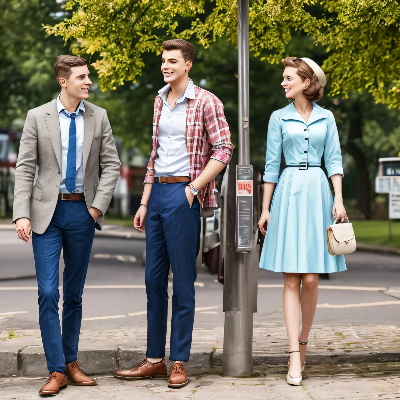 Set in Britain in the 1950s, a young man and woman wearing summer clothes standing at a bus stop --auto