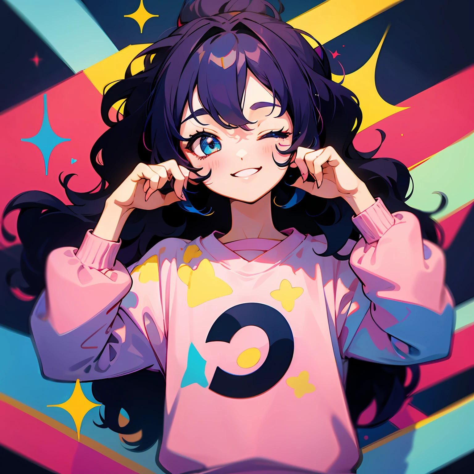 girl, colorful hair, wavy hair, anime style, digital art, happy, eyes lightly closed, hands up, light pink sweatshirt with Neymar Jr print, --auto