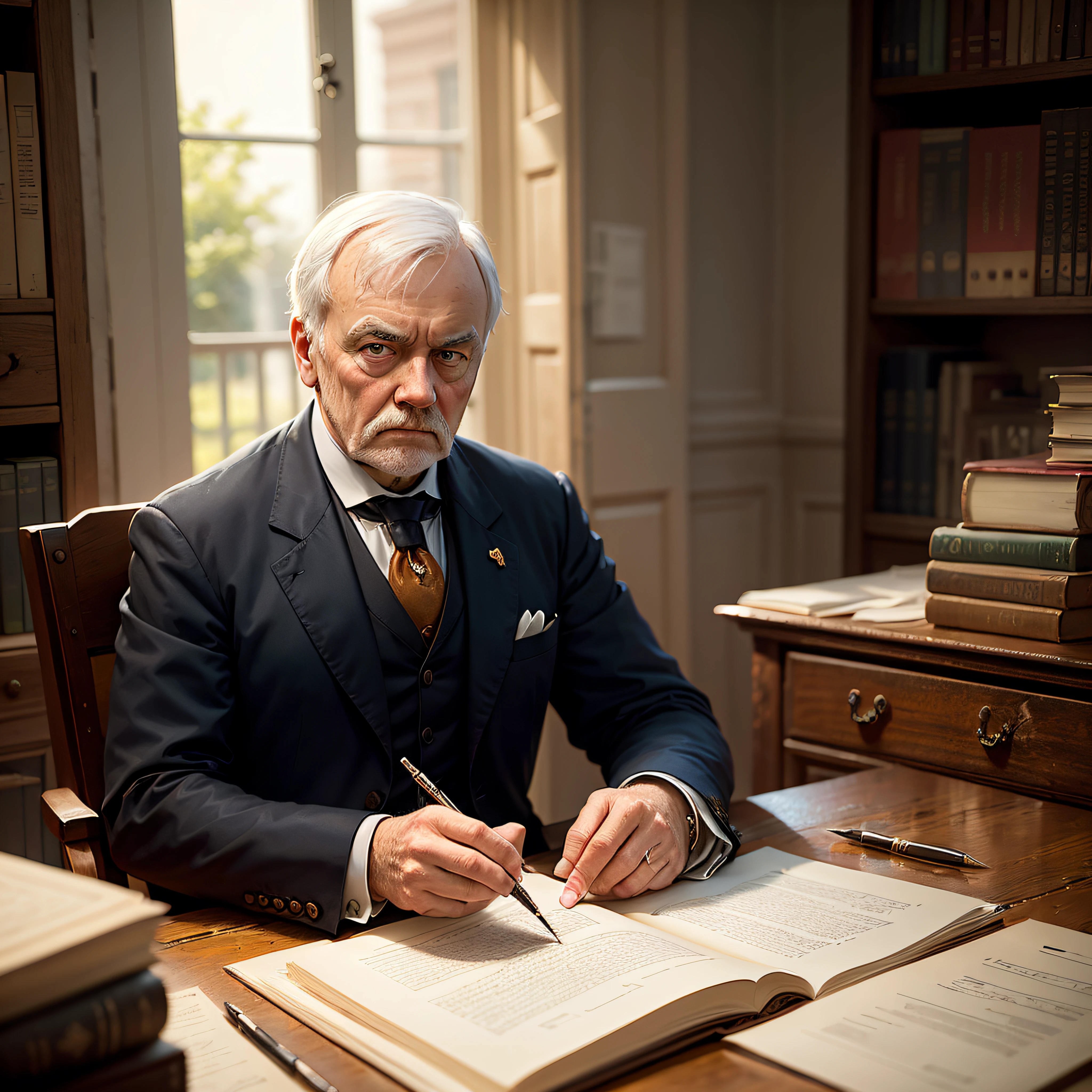 Imagine Andrew Carnegie in his office, surrounded by stacks of books and documents. He's sitting in his leather chair, a serious, determined expression on his face. Behind him, a large wooden bookcase sits imposing. Carnegie's desk is arranged with pens, an inkwell, and papers in a meticulous pattern. Through the window, one can see a partial view of a factory, symbolizing its influence on the industrial world. Feel free to include other elements relevant to the image, such as a plaque with your name or symbols representing your philanthropy. Now, describe all the details of this scene and try to create a vivid image of Andrew Carnegie in your mind."

Hope this helps! Remember that it is a description and you can use your creativity to create an image of Andrew Carnegie based on this information. --auto