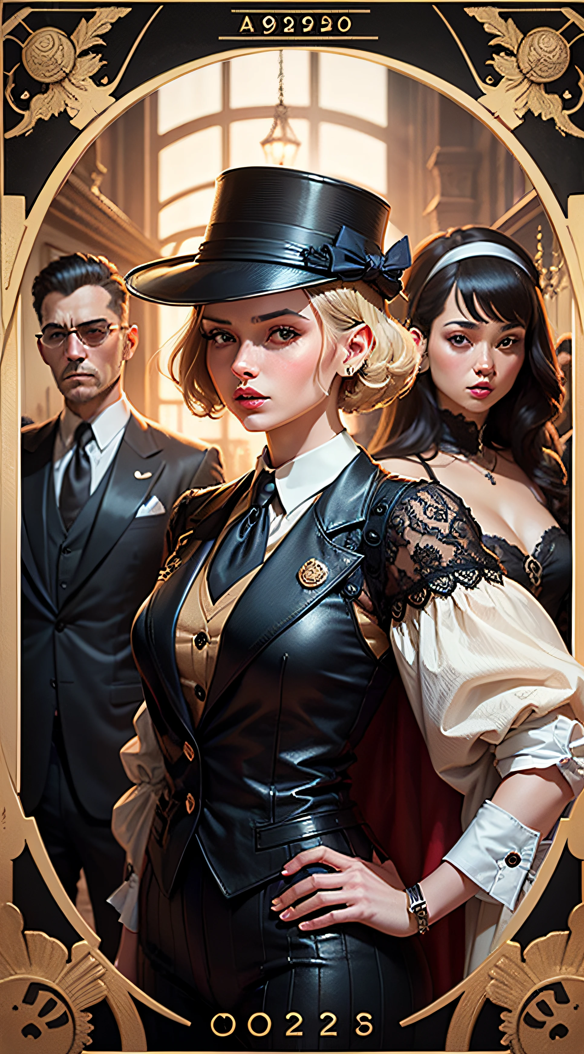A 1920s gangster surrounded by call girls, highly detailed, high-quality, intricate, horridtarot --auto