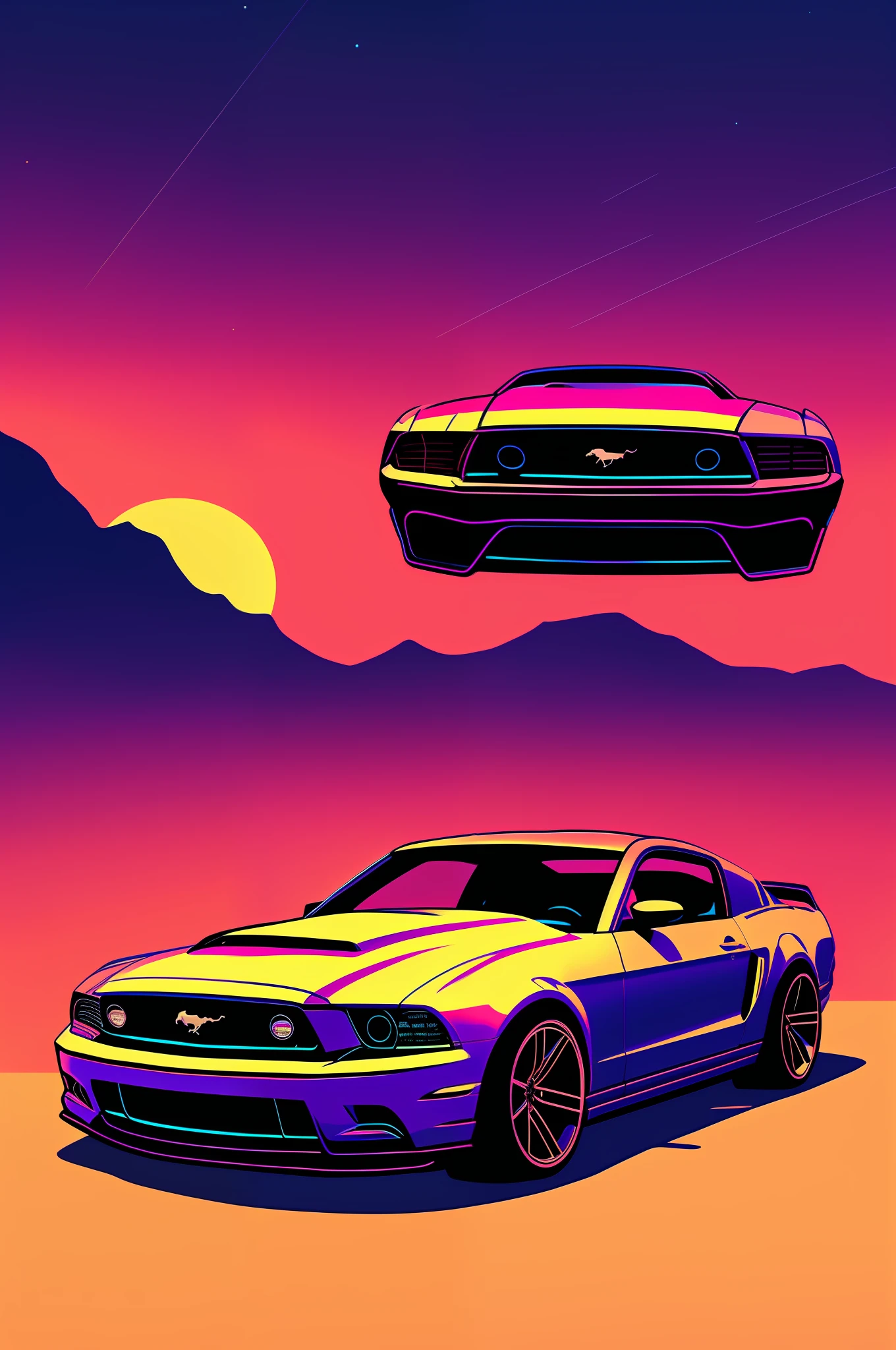 (nvinkpunk:1.2) (snthwve style:0.8) ford mustang, lightwave, sunset, intricate, highly detailed