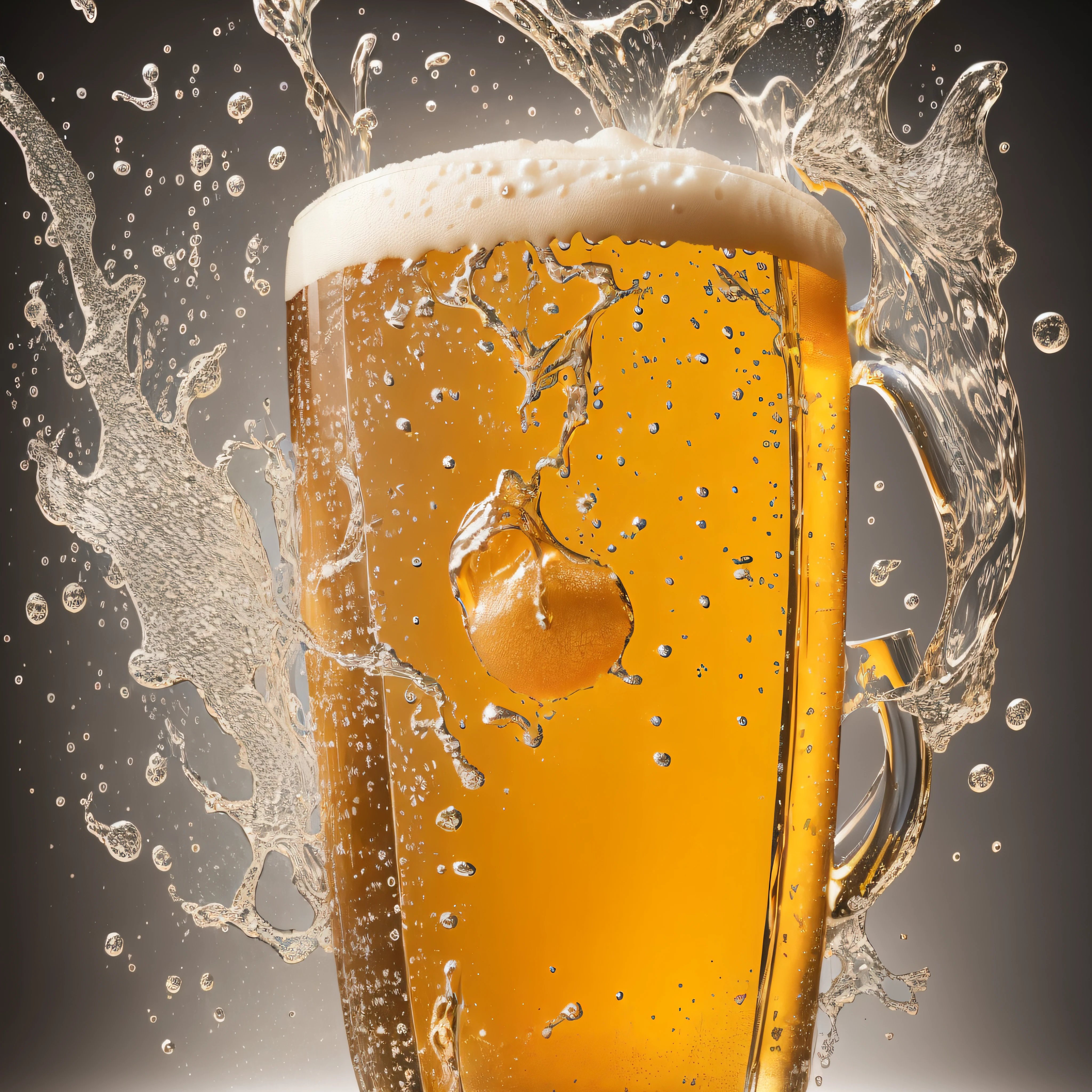 Glass with lots of beer, foaming, lots of white foam, foam explosion, foaming foam, explosion of drops, cold beer, glass with bubbles due to cold, glass only, yellow beer, photo suspended in the air, neutral background background, high brightness, surrealism, soft light, studio lighting, diffused light, shallow depth of field, sharp focus