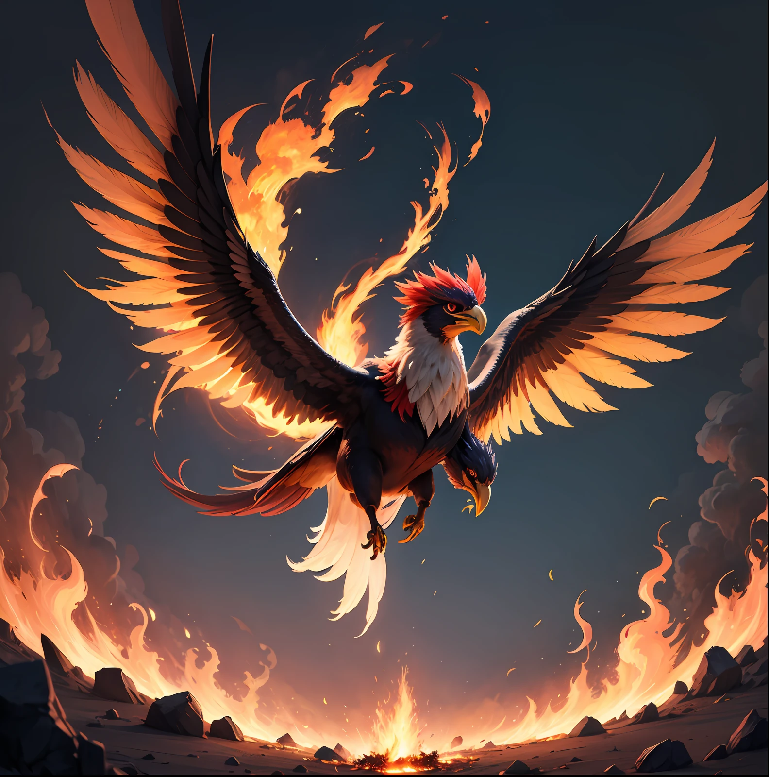 An important phoenix, in flying, taking over the entire screen. All on fire alarelss +red +dazzling super =very bright,[ Realistic, HD, V6, RAW.  Perfection]. --auto