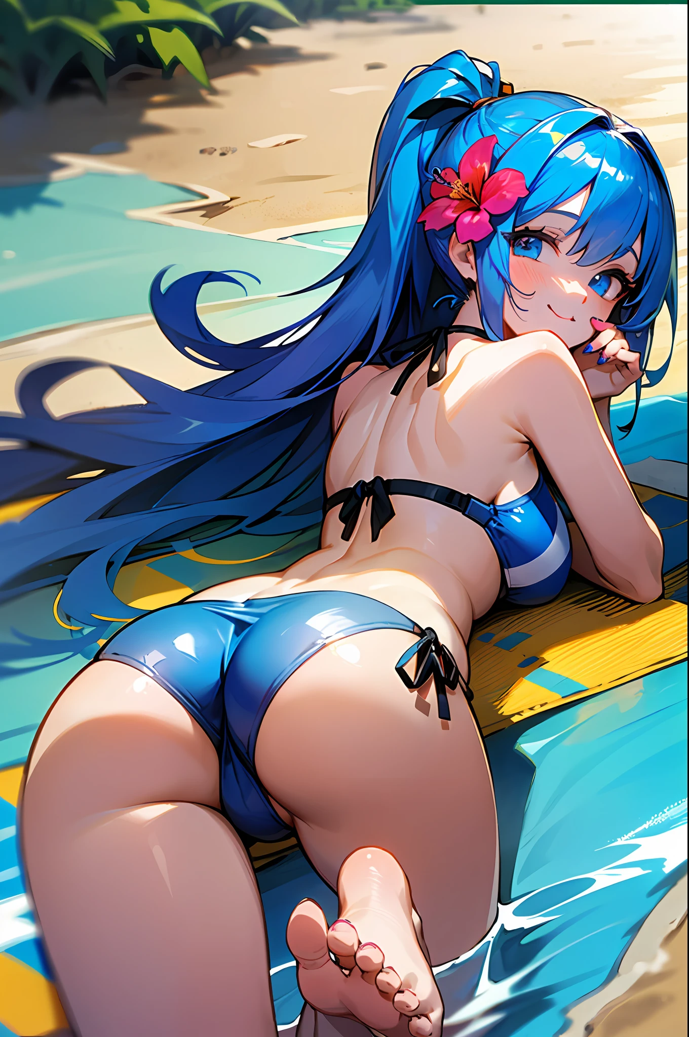 obra maestra, mejor calidad, 1girl :3 ;3 arched_back ass bare_shoulders barefoot beach beach_mat beach_towel bikini bird blue_bikini blue_eyes blue_hair blush breasts cellphone chick close-up dappled_sunlight duck duckling elbow_rest feet flower foot_focus foot_out_of_frame foreshortening from_behind hair_flower hair_intakes hair_ornament hand_on_own_cheek hand_on_own_face head_on_hand head_rest hibiscus high_ponytail horizon long_hair looking_at_viewer looking_back lying nail_polish ocean on_stomach one_eye_closed phone pov pov_hands presenting_foot shade shore smartphone smile soles sunglasses sunlight swimsuit toenail_polish toenails toes tote_bag towel transparent_bag very_long_hair water_drop wet