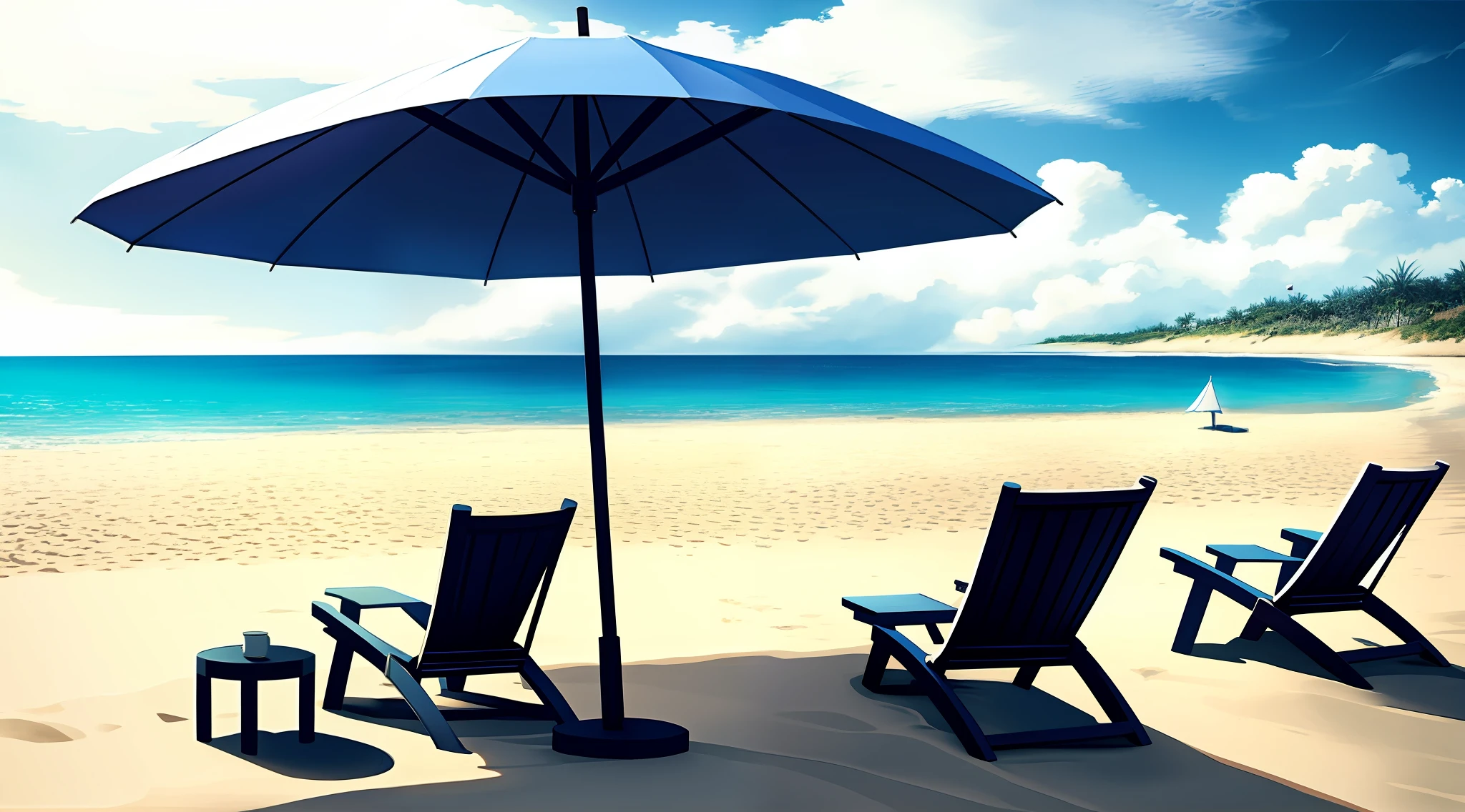 beach scene with umbrellas and chairs, sea  and sand