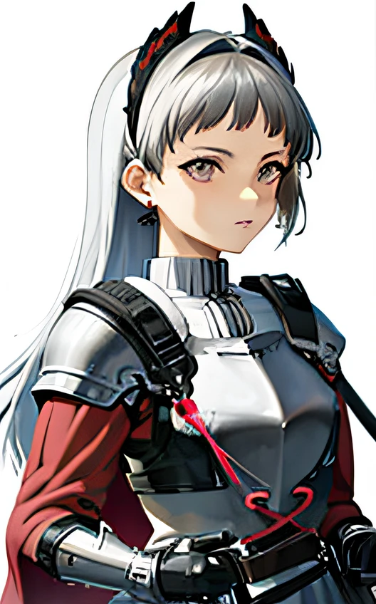 a woman in armor with a sword, girl armor, female knight, Cushart Krenz female art key, thick armor, girl in knight armor, of a beautiful female knight, white and red armor, female knight portrait, silver armor and red clothing, pale black armor, edelgard fire emblem, inspired by Li Chevalier, female armor