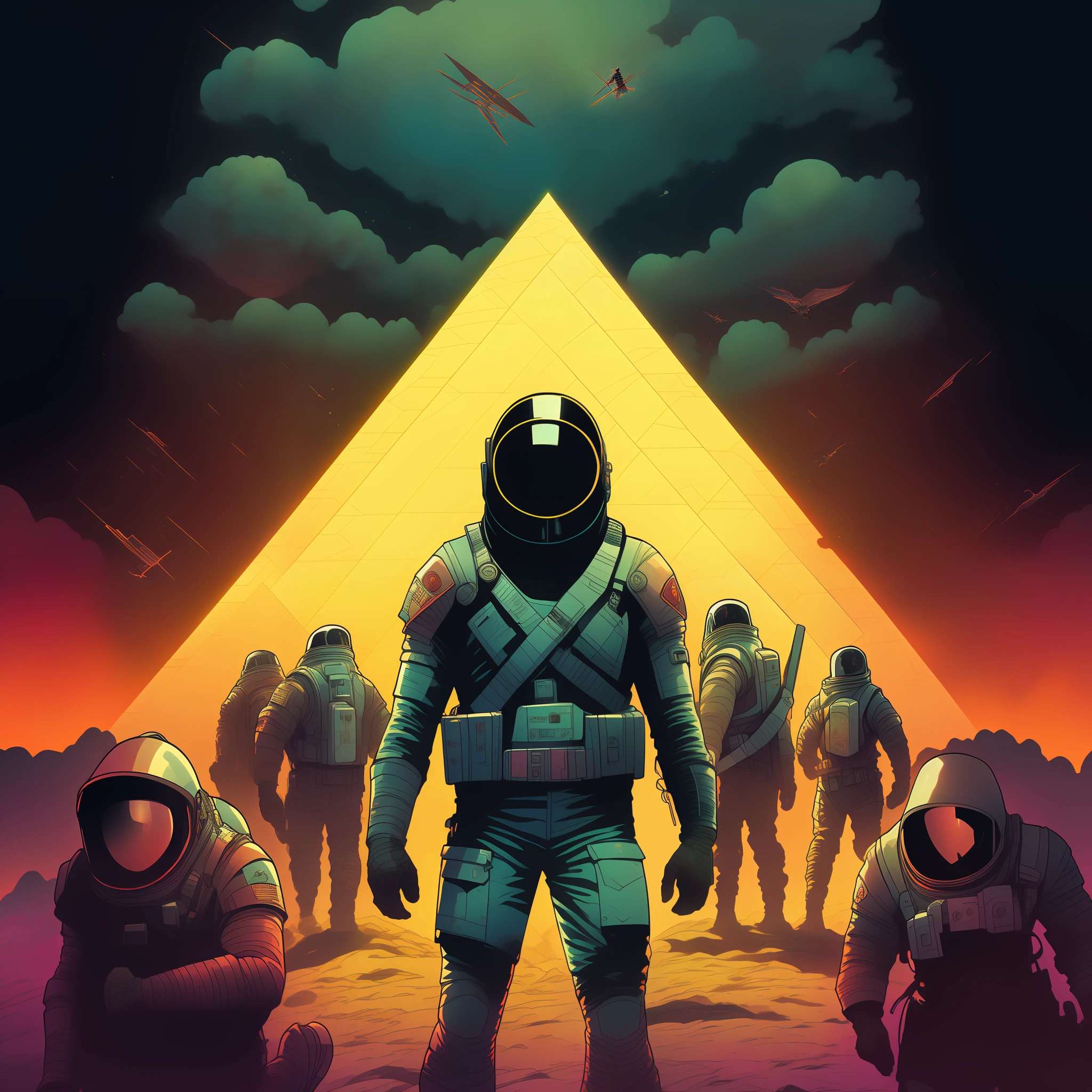 a close up of a person standing in front of a pyramid, in the style dan mumford artwork, inspired by Dan Mumford, edgy adventure sci fi, in the art style of dan mumford, dan mumford. maya render, travis charest style, inspired by Victor Mosquera, apocalypse art!!!!, knights templar in a space suit, el bosco and dan mumford
