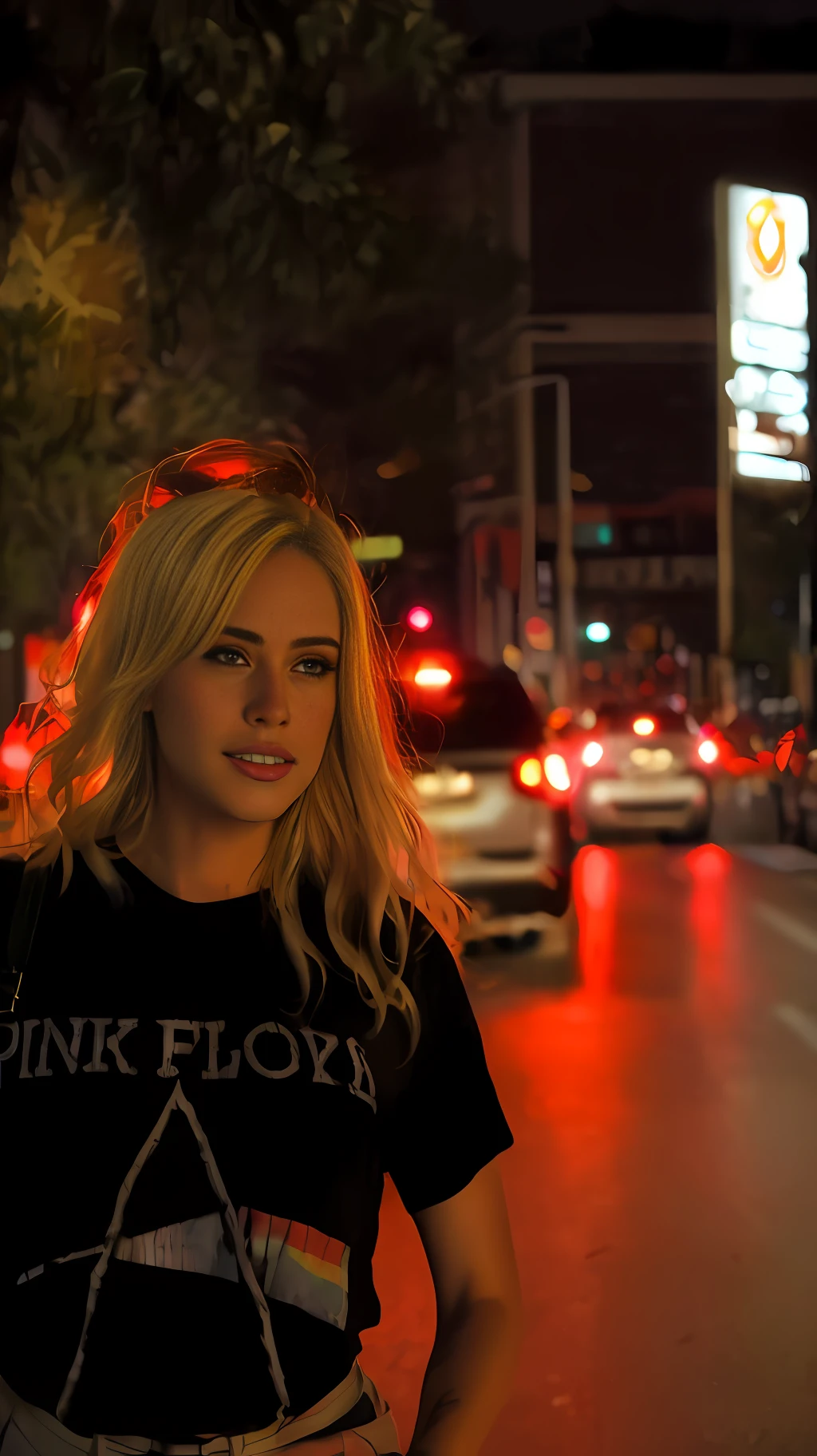 masterpiece of a beautiful American woman modeling in lingerie by the side of the road at night, street photo, trending urban photography at 500 px, on a bright street in Las Vegas, intricate night photo, casual photography, tumblr, photo of the year, insta pic, pic of the day, instaphoto, poster photo, auto focus, incredibly sharp,  lovely, not blurry, taken with a Pentax K1000, depth of field, background out of focus,